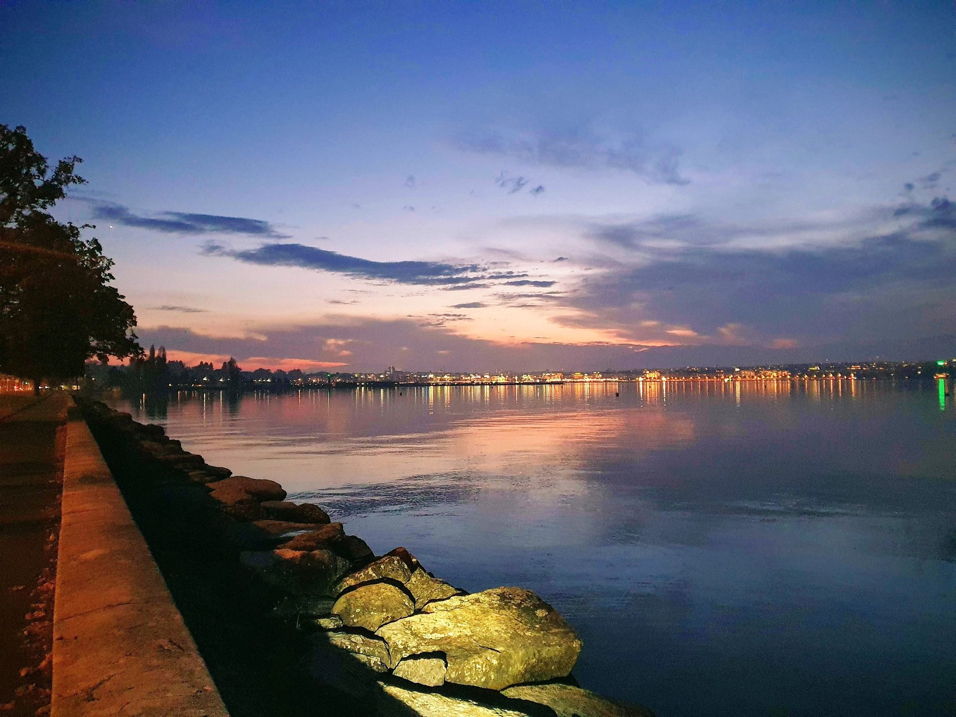 a view of a city skyline at night leman