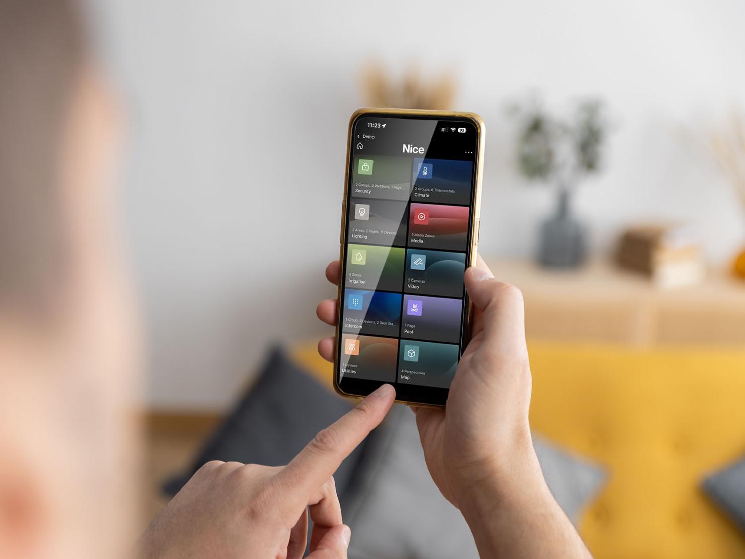 Nice ELAN smart home app on smartphone for remote lighting and security control.