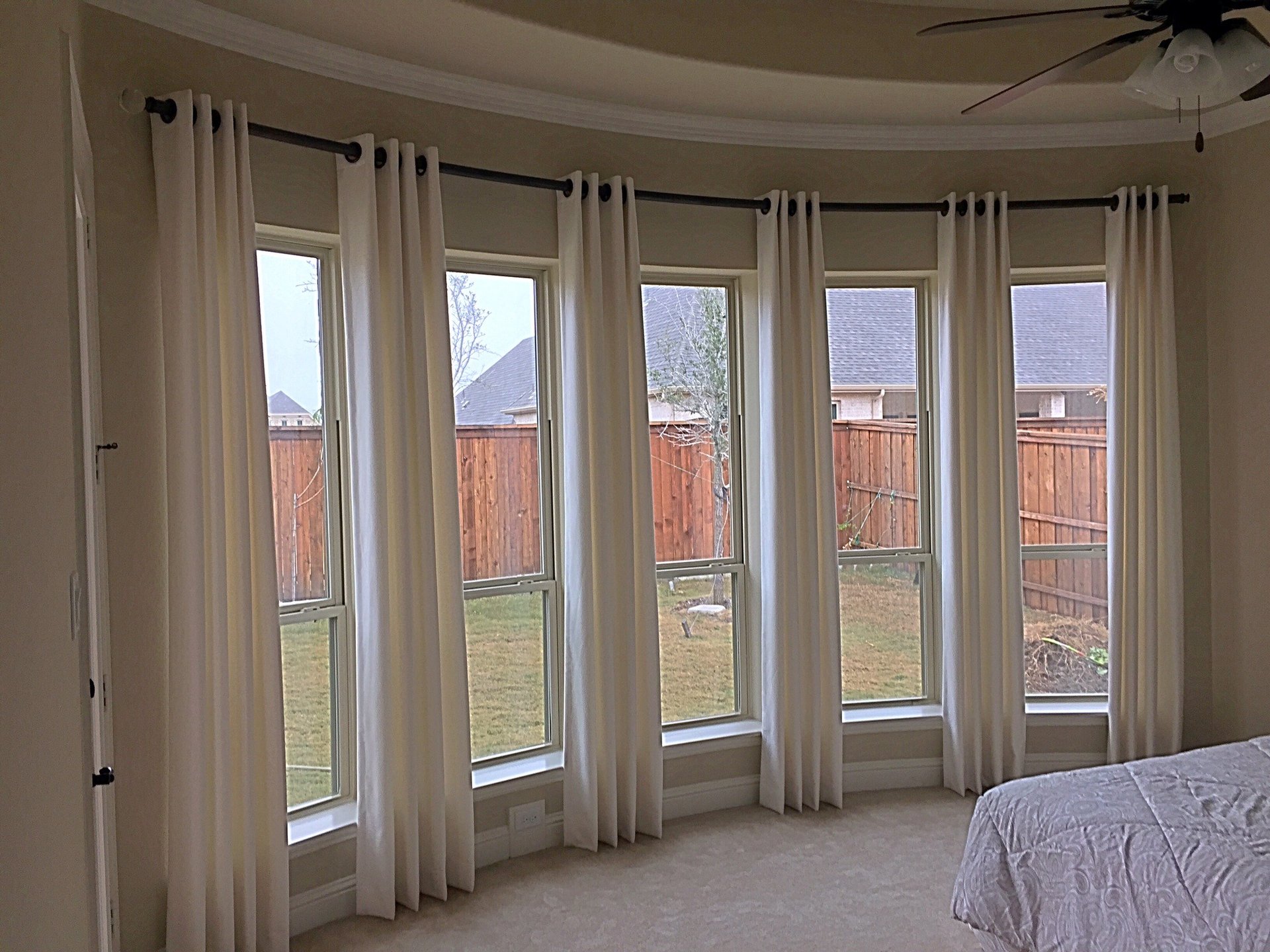 Grommet drapery curtains custom curved rod kasmir fabric