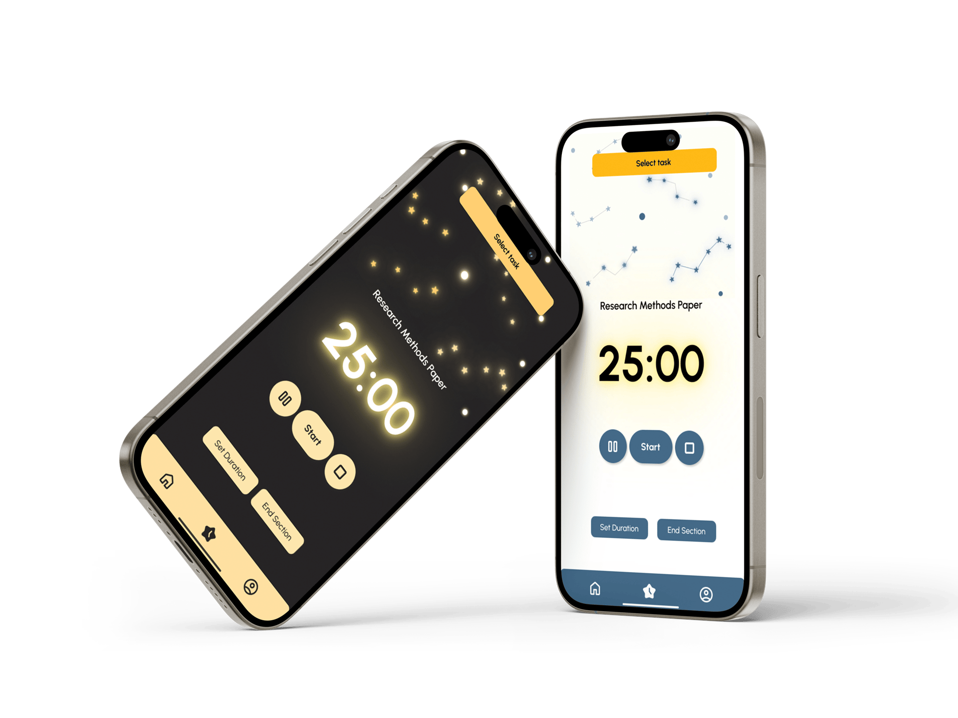 Two mockup of Calmi app, it showing timer screen mockup for both light and dark mode. 