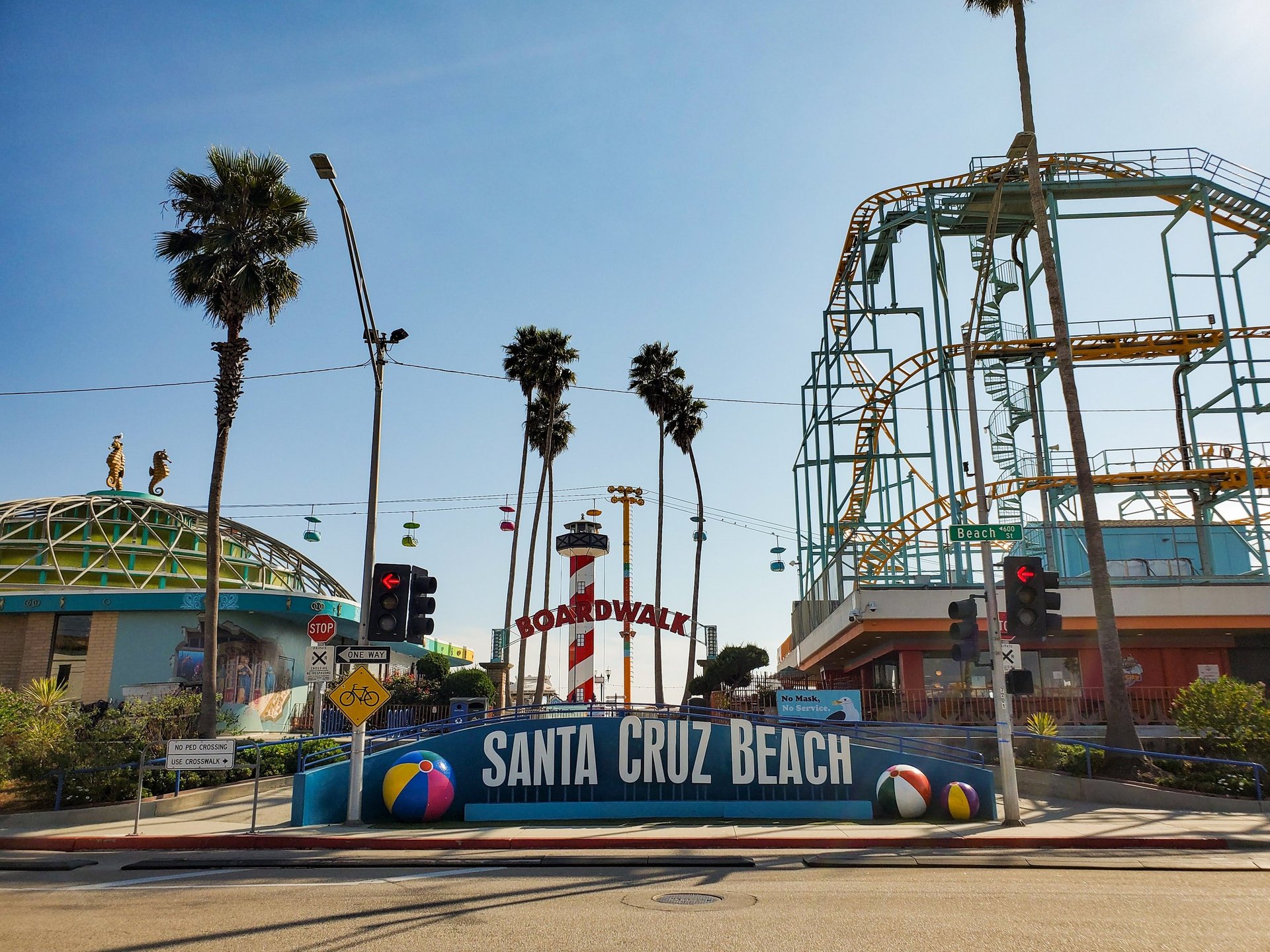 Sign for Santa Cruz Beach Boardwalk during sunset