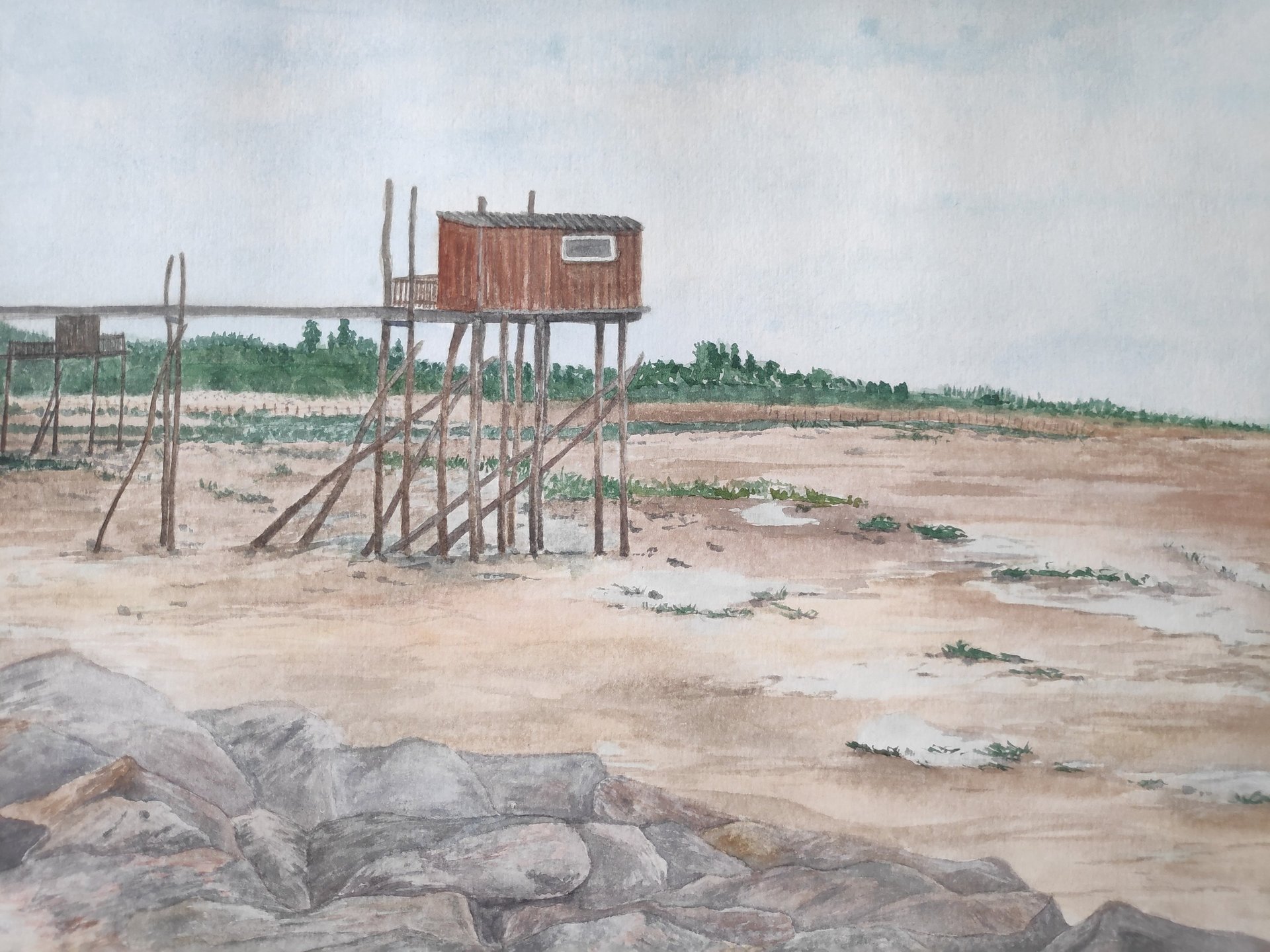 Lucile Moutiart aquarelle originale La Cabane du pêcheur