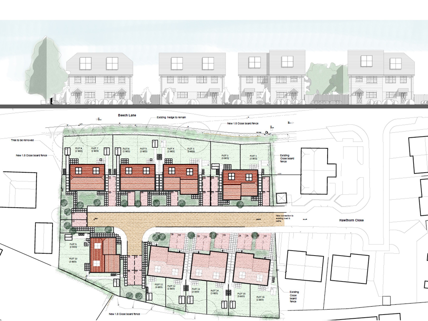 Site layout plan and elevation drawing for a new residential housing development.