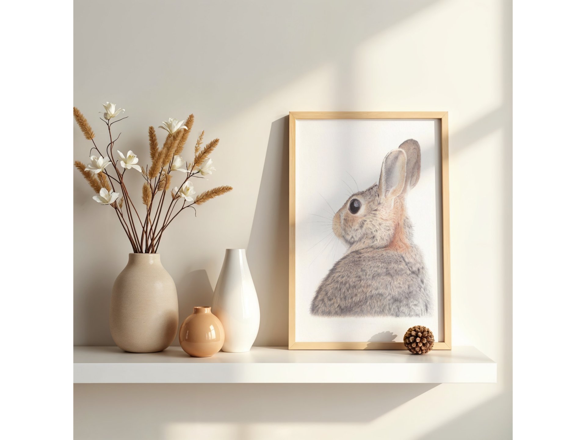 a rabbit drawing next to a vase with flowers