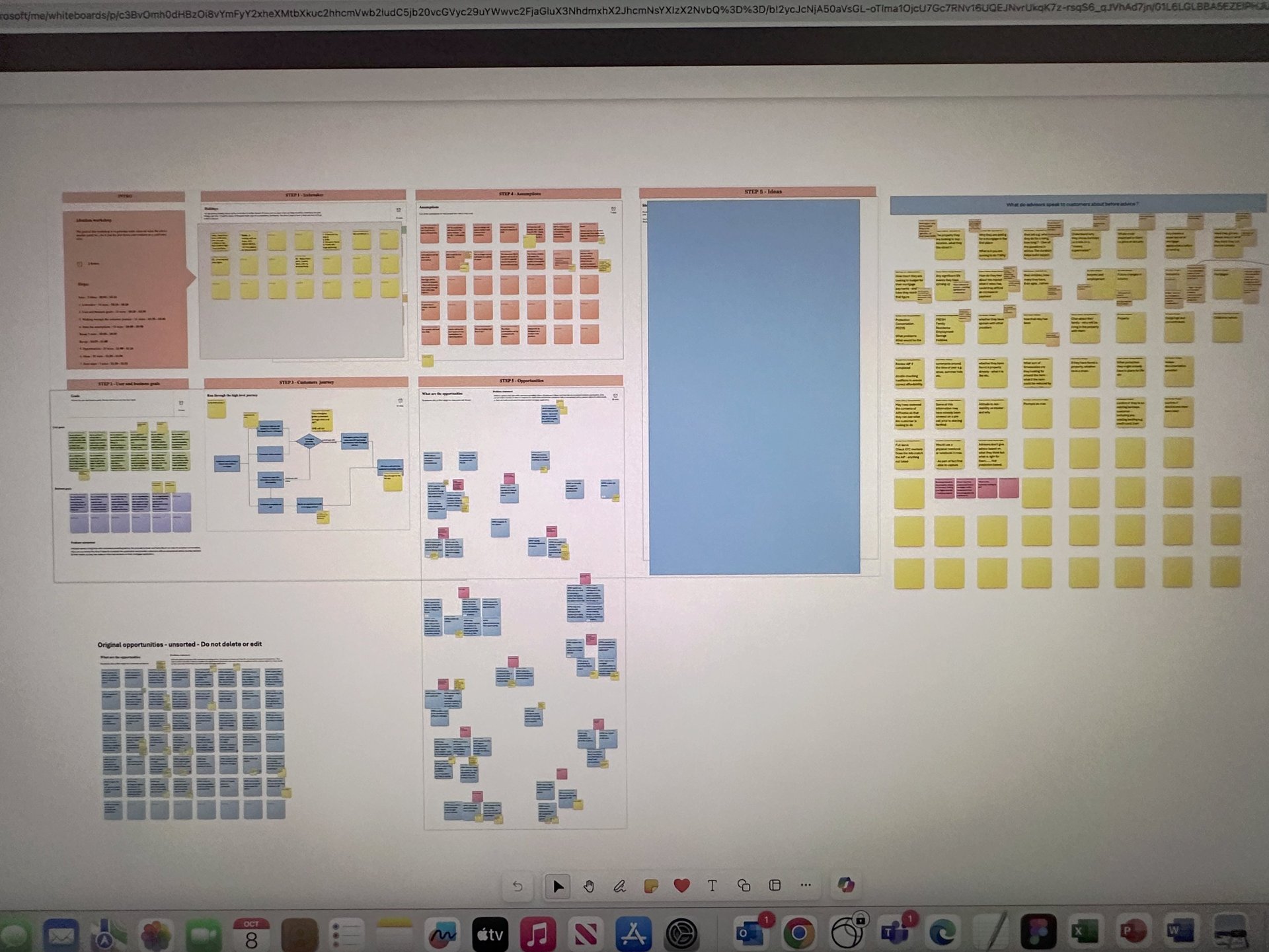 Photo of screen showing a remote workshop with post it notes.