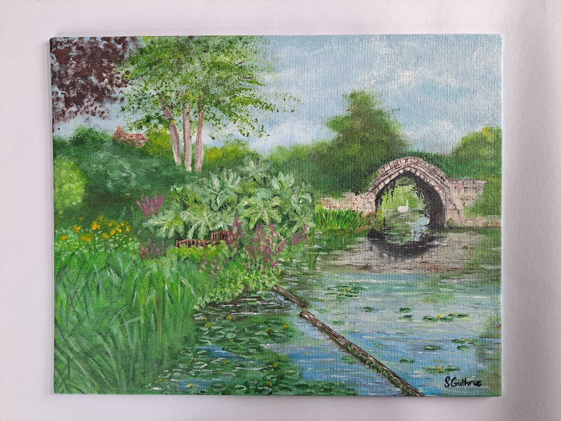 Acrylic on canvas board landscape painting of the River Avon at Warwick Castle