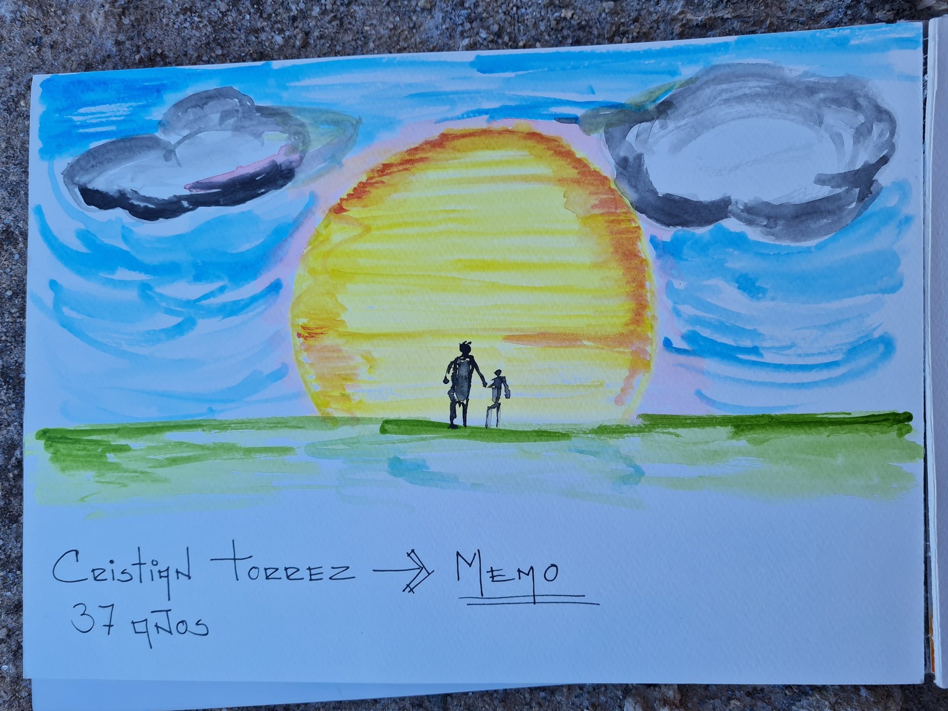 Aquarelle représentant deux personnages marchant vers un grand soleil jaune sur fond de ciel bleu et