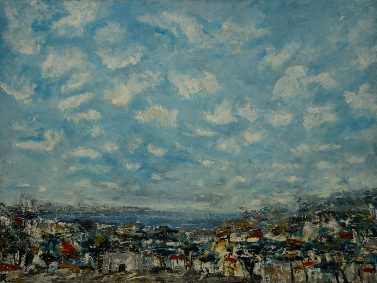 Acrylic on canvas painting of city with sky and clouds by artist Jessy Tabet