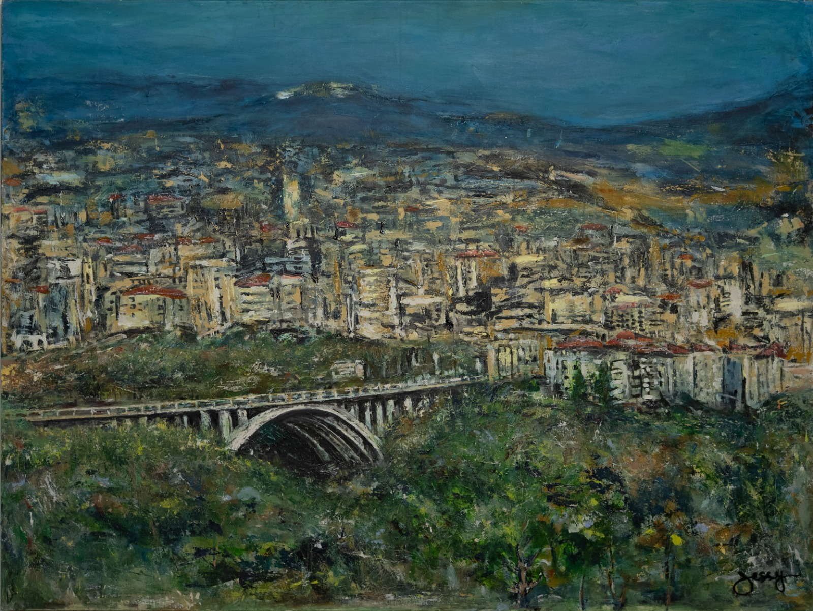 Acrylic on canvas painting of the Jounieh Bridge by artist Jessy Tabet