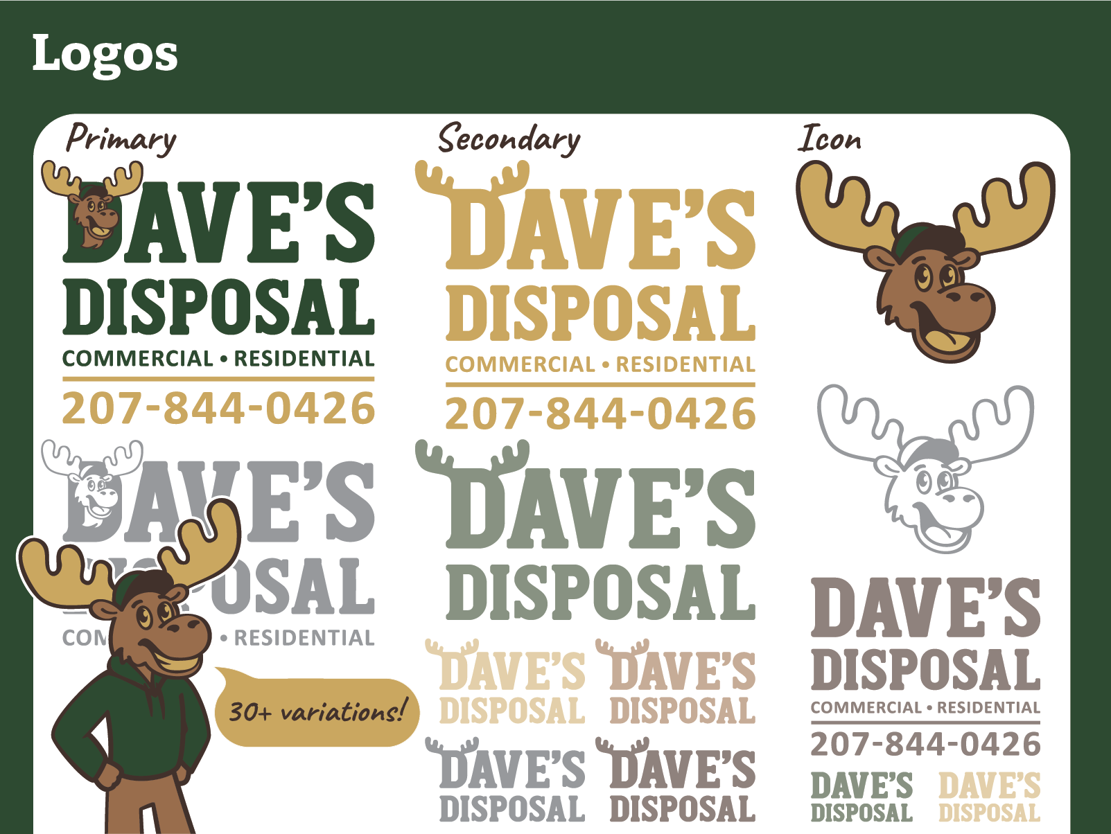 Dave's Disposal commercial and residential waste management brand logos featuring a friendly moose mascot.