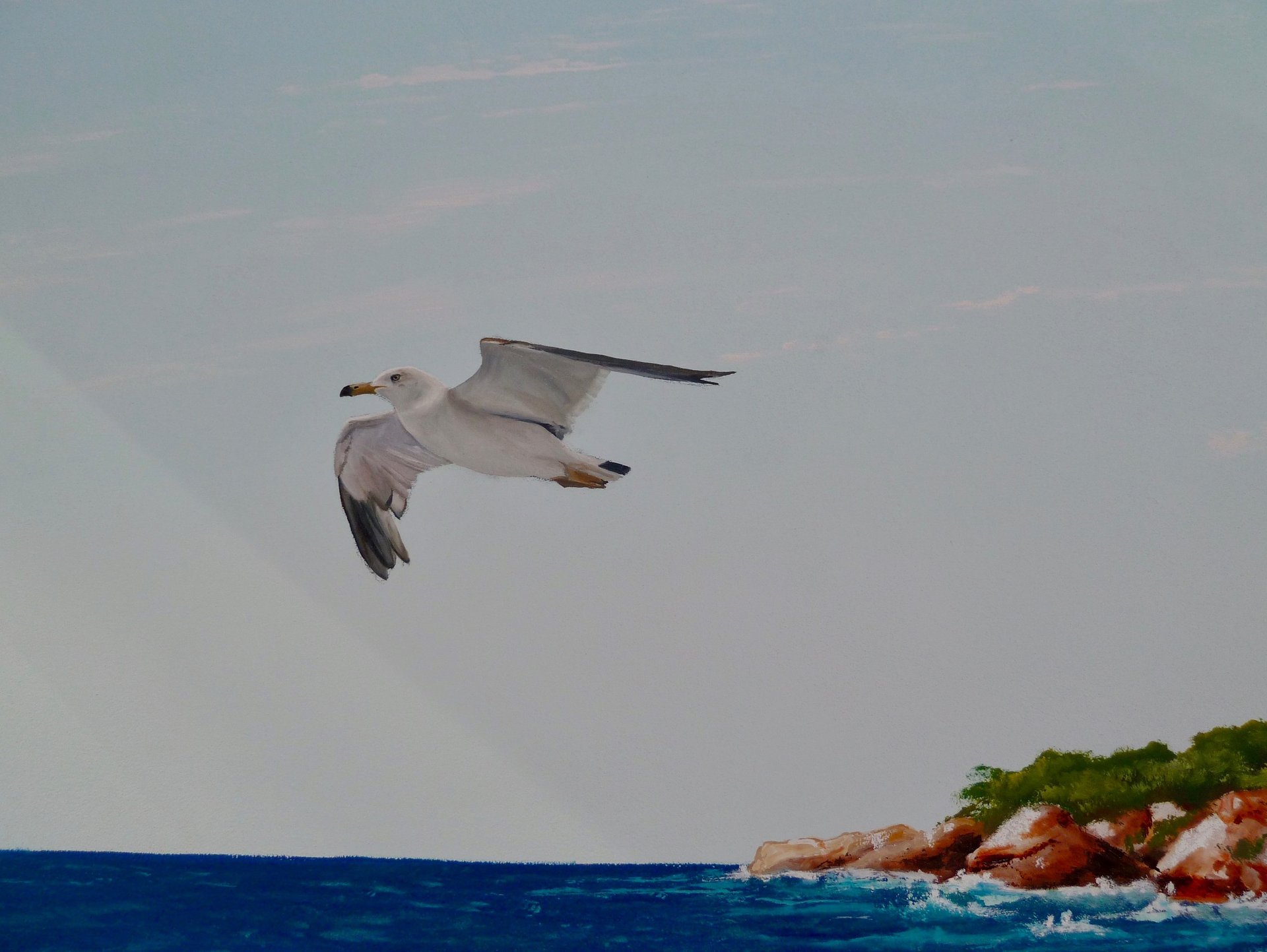 Détail d'une peinture décorative: une mouette vole au dessus de la mer. Jura, 39.