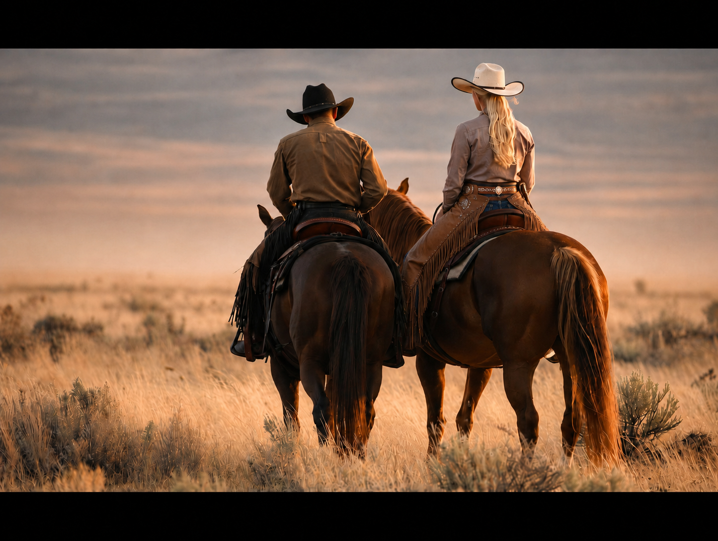 A cowboy and cowgirl on horseback stopped for a rest on open range 