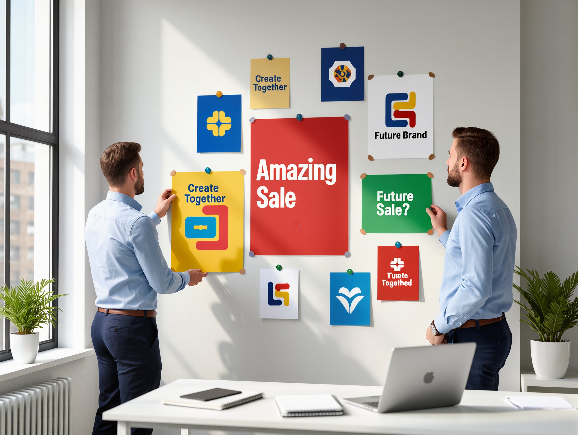 two men standing in front of a wall with a large poster board
