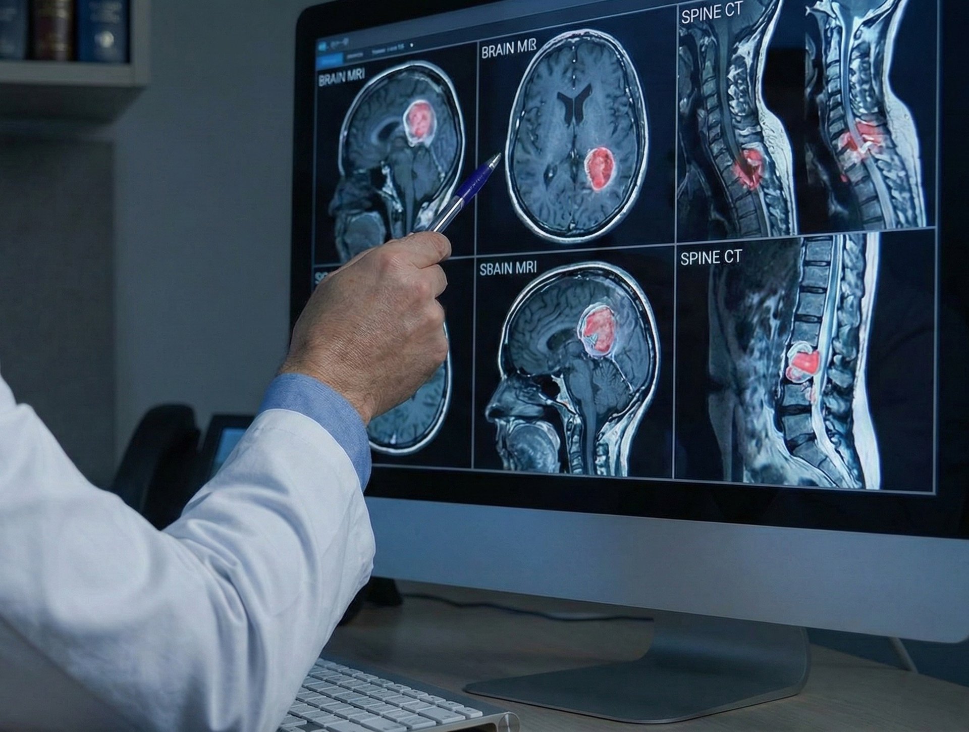 Neurologist reviewing brain MRI and spine CT scans with highlighted abnormal findings on a computer monitor.