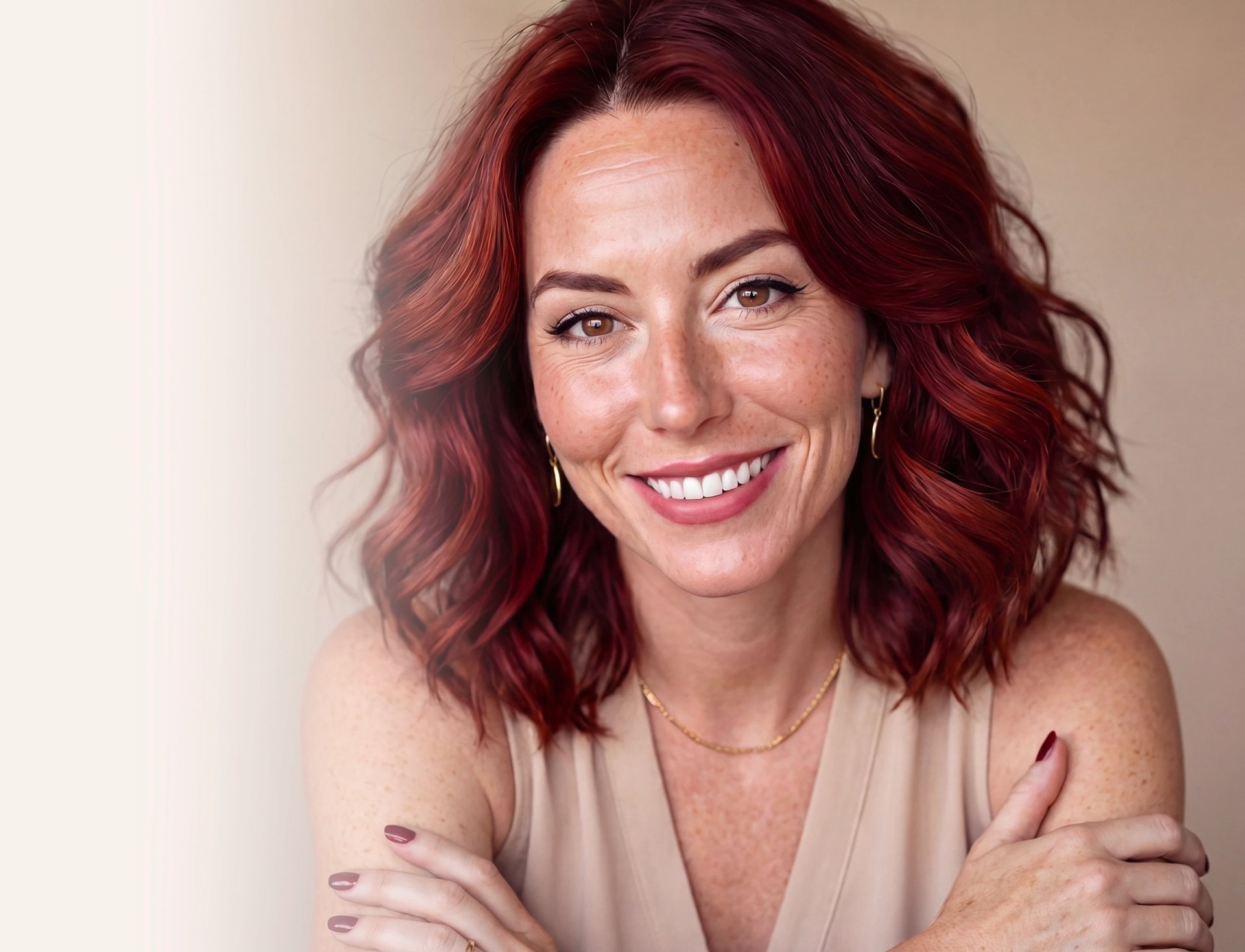Smiling woman with wavy red hair and freckles in a professional headshot portrait.