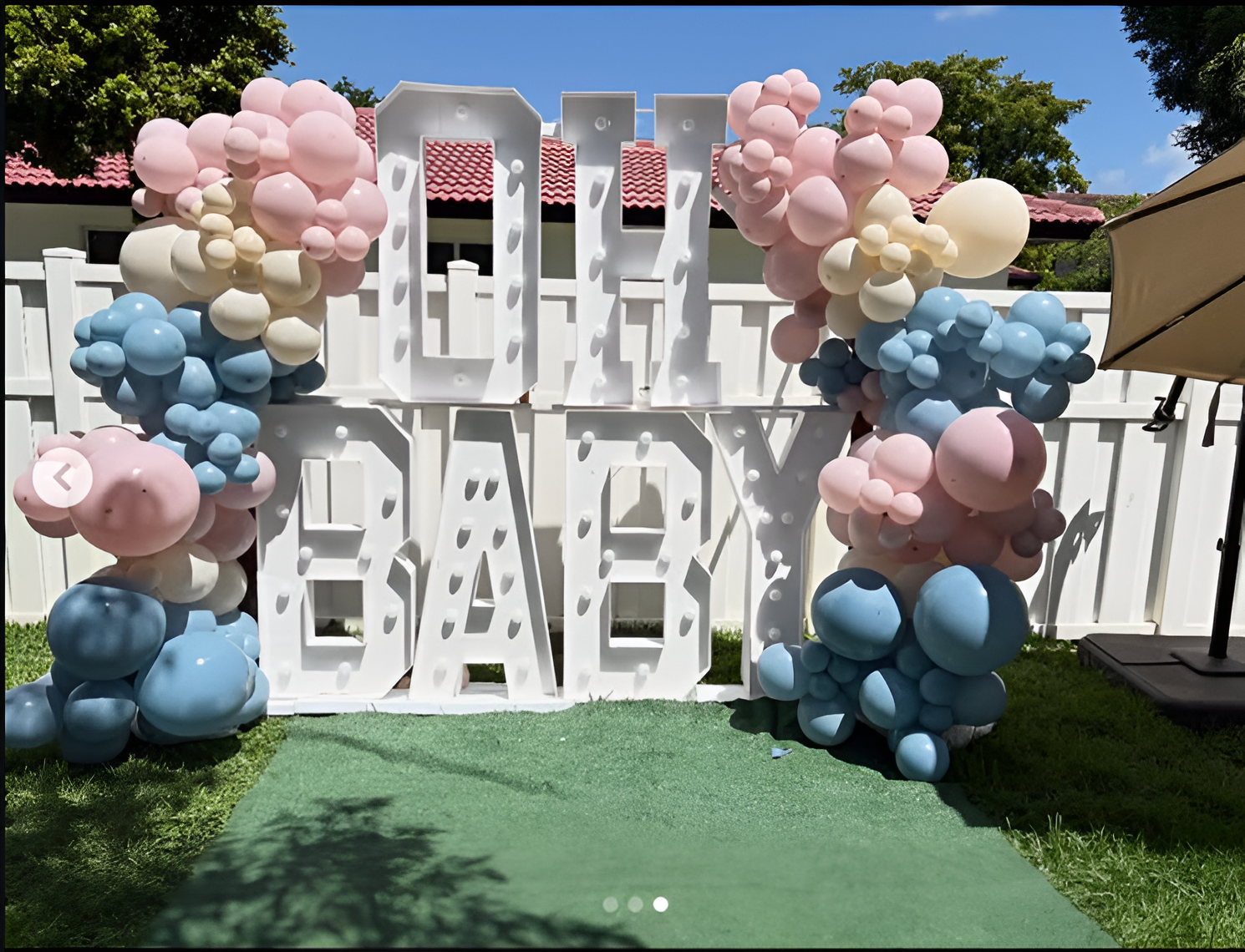 Decor of letters "OH BABY" gender reveal