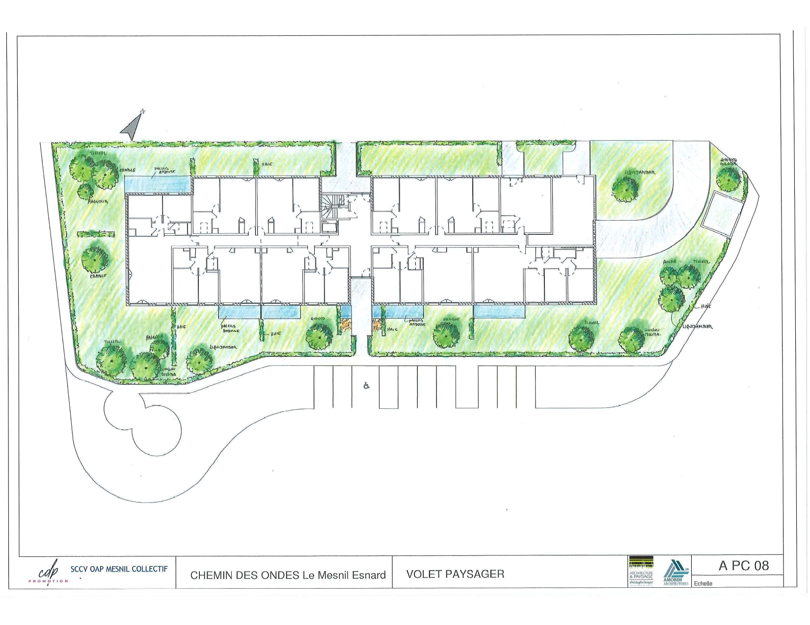 Plan paysager de la résidence Les Ricochets III au Mesnil-Esnard présentant les espaces verts, les p