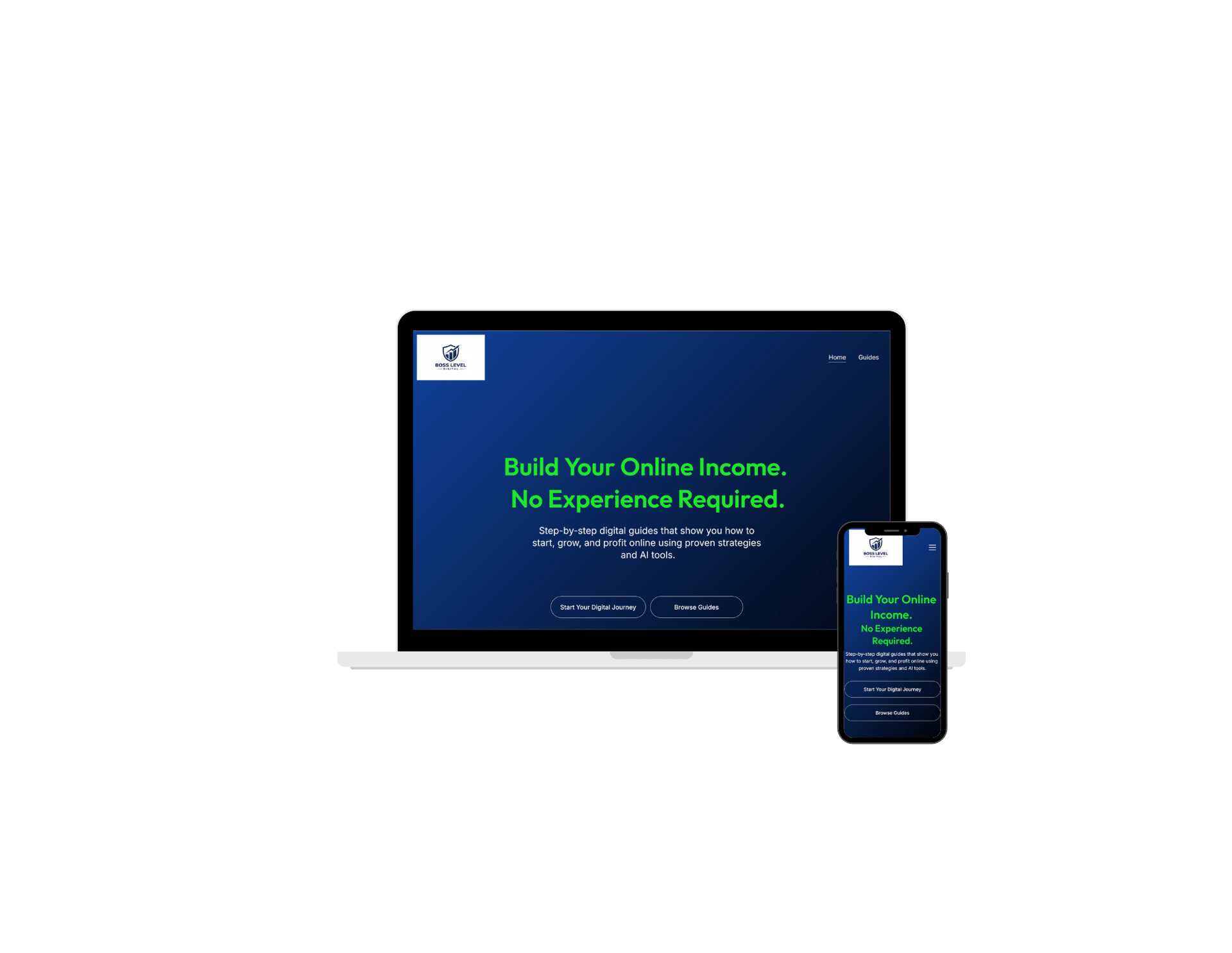 Laptopn and mobile phone screens showing website homepage.