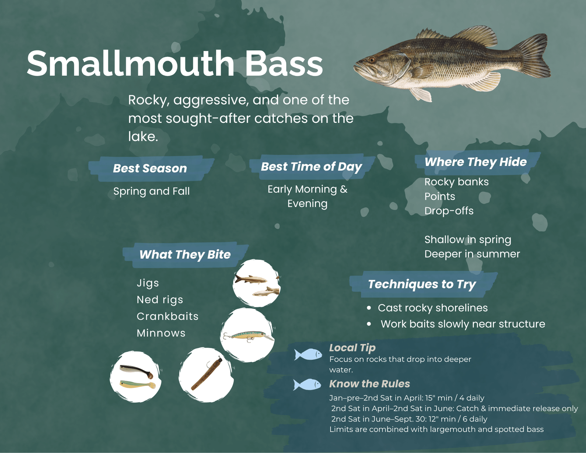Smallmouth bass fishing guide with tips on best seasons, lures, and techniques for catching bass.