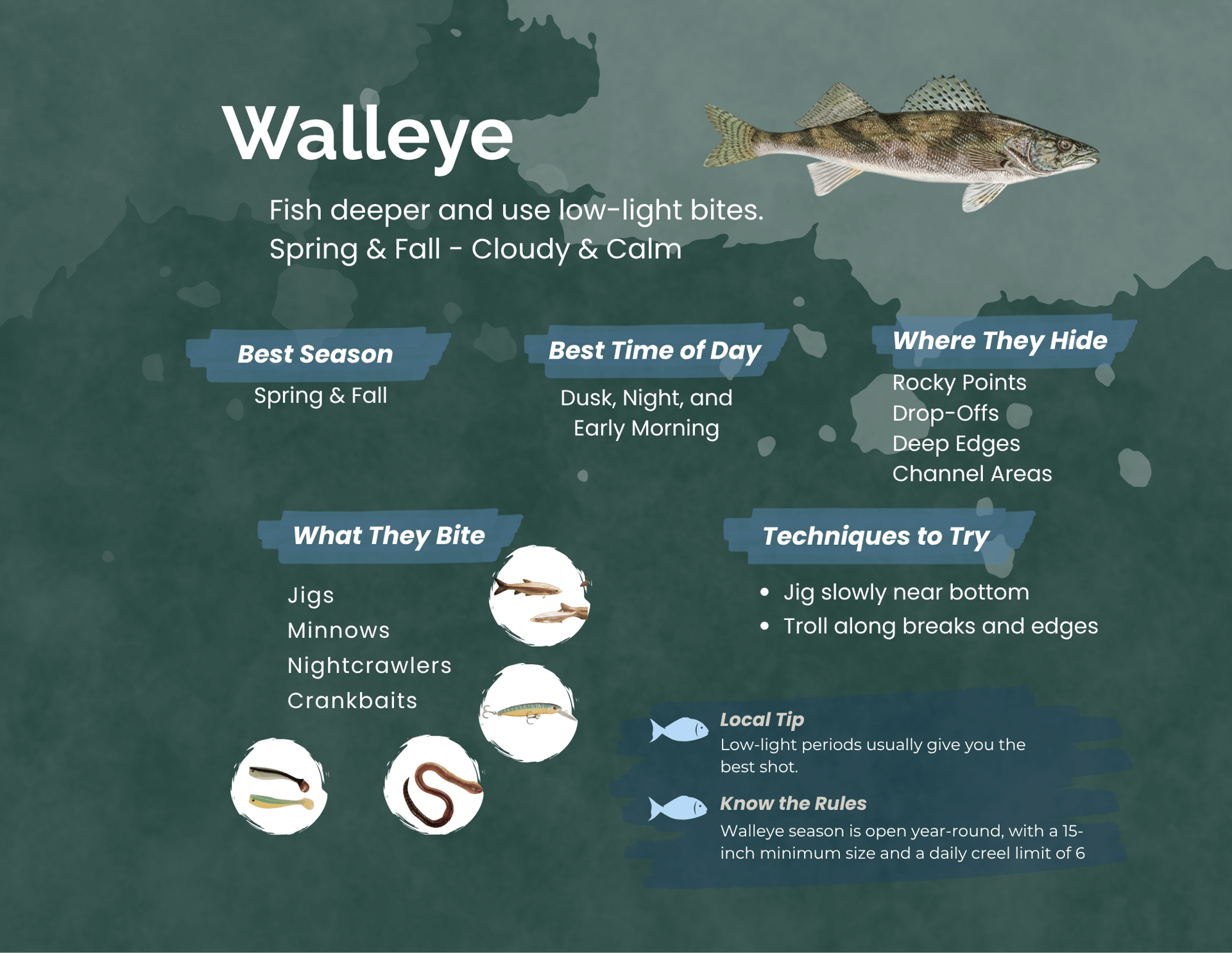 Informative walleye fishing guide infographic showing best seasons, baits, and techniques for catchi