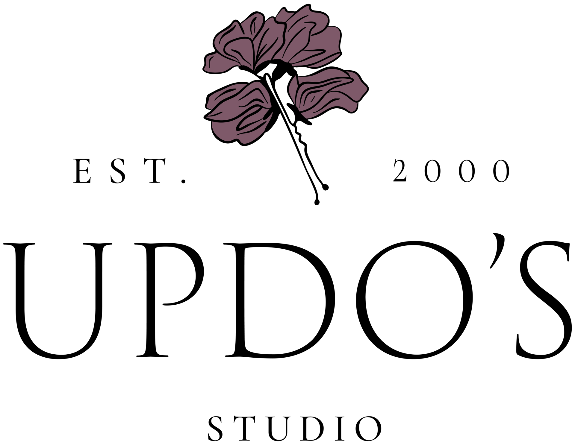 Updo’s Studio secondary logo with mauve floral emblem, clean wordmark, wedding hair and makeup brand.