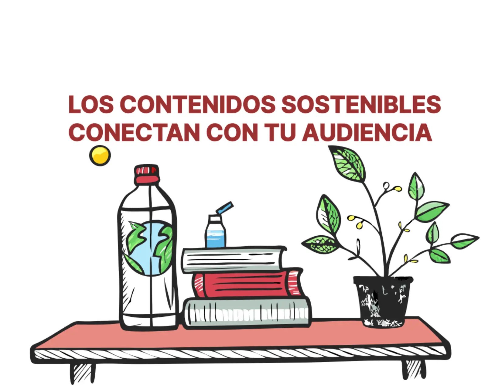 Una botella, varios libros apilados y una maceta con una planta encima de una mesa