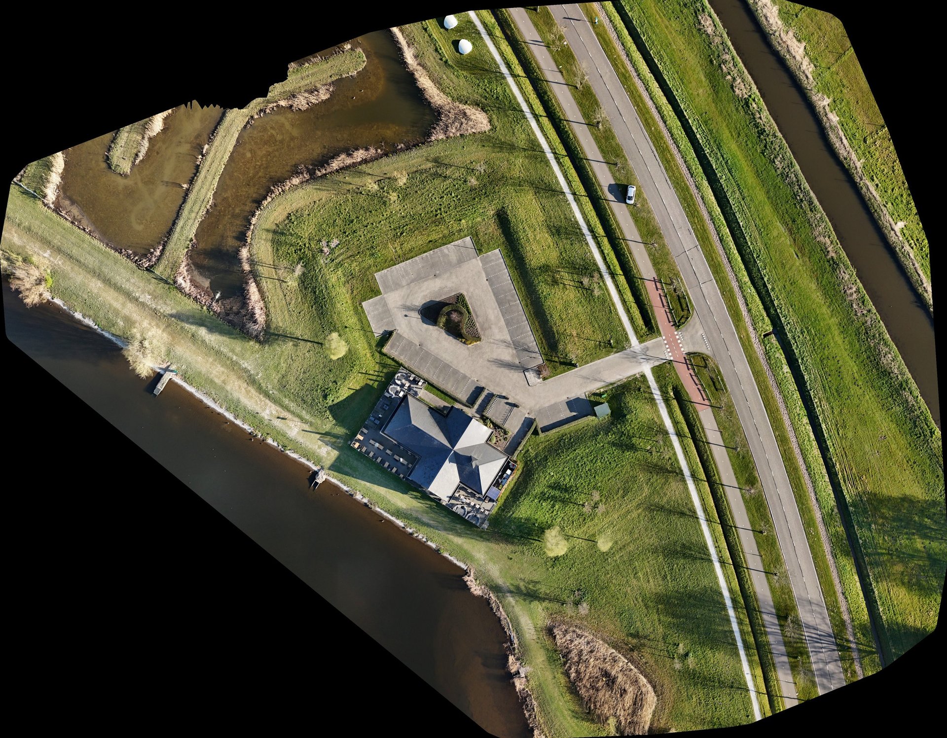 Aerial orthomosaic of a restaurant site plan — drone mapping for layout documentation and measuremen