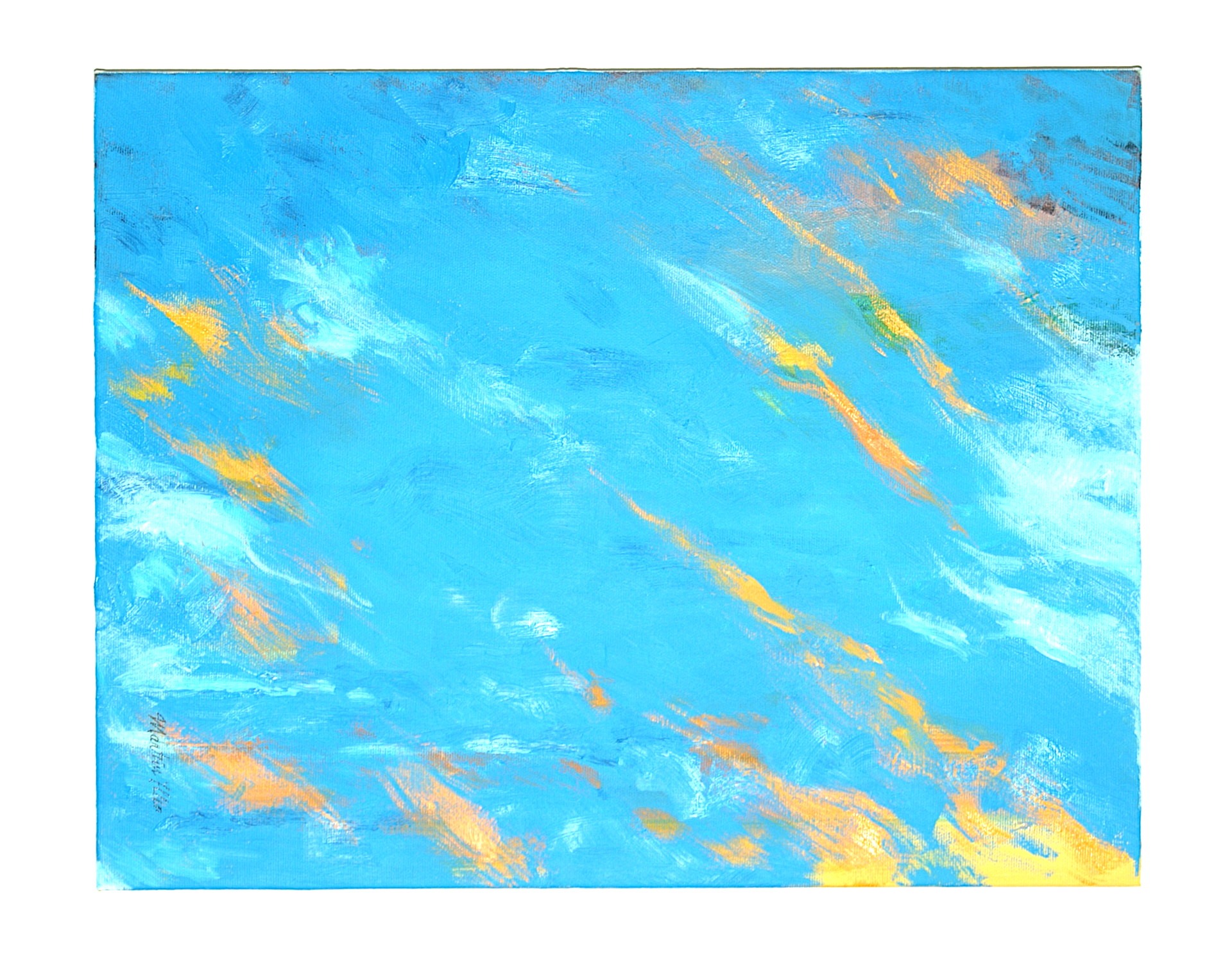 Abstract oil painting of a blue sky with expressive orange and white clouds.