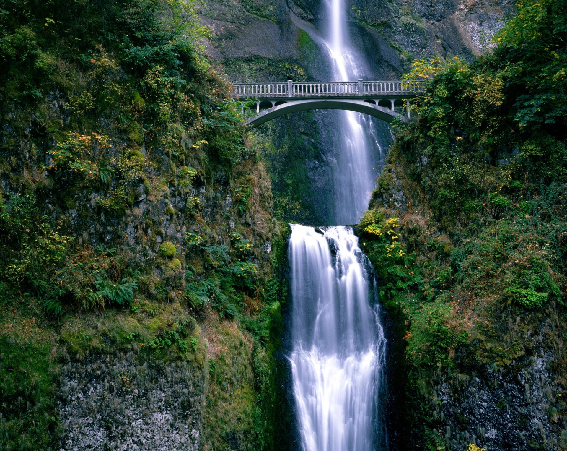 Benson Bridge over Multnomah Falls in the Columbia River Gorge scenic area with lush green cliffs.