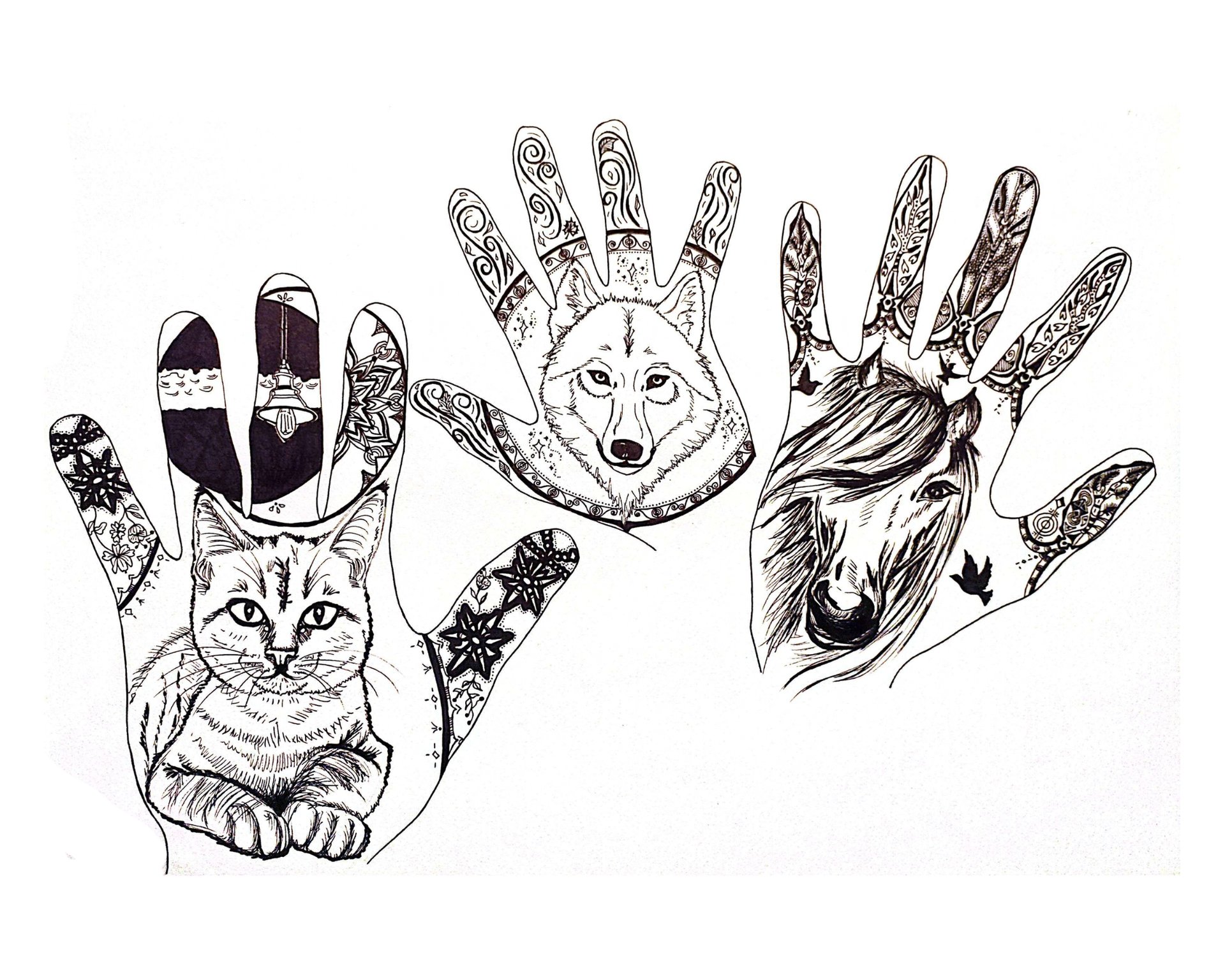 Gepersonaliseerde handomtrek tekening met kat, wolf, paard