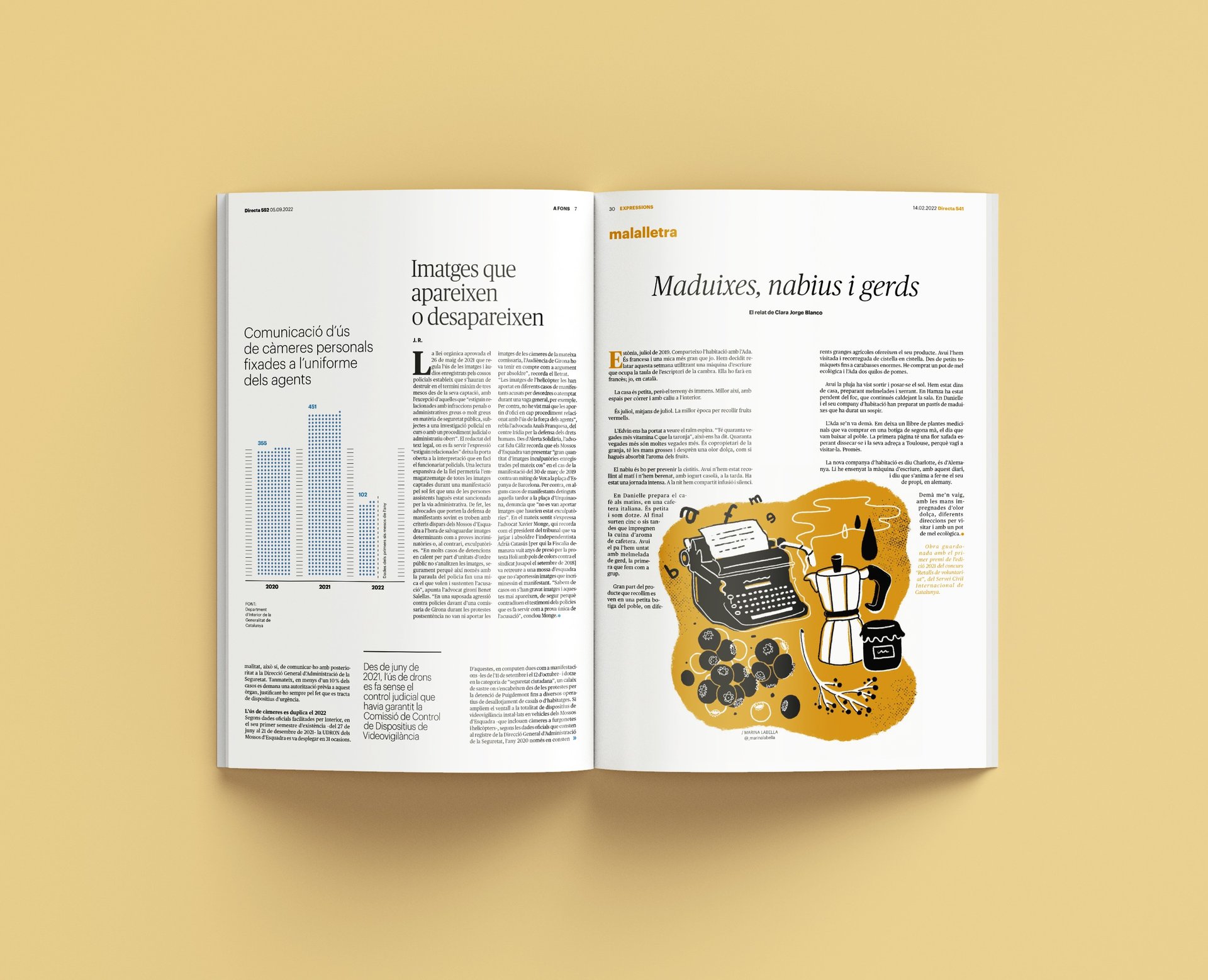 article page of a magazine showing an illustration with a typewriter and coffee