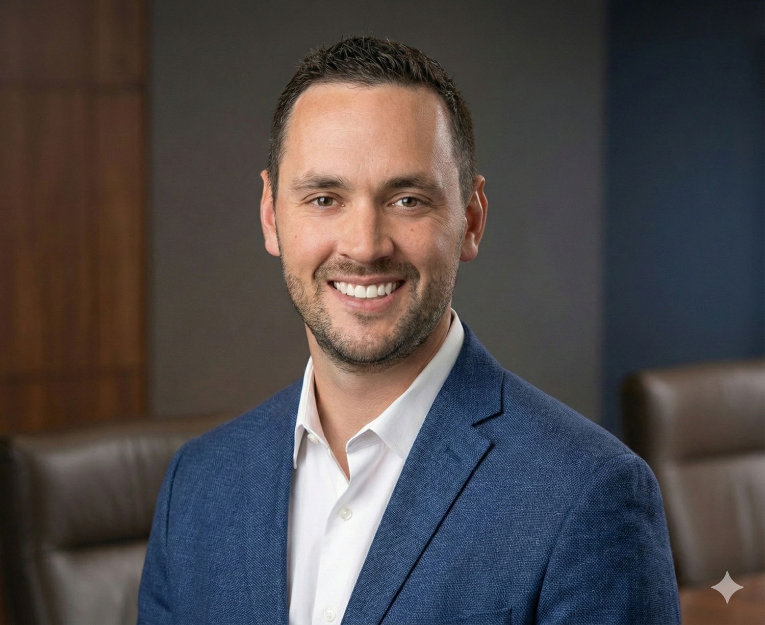Professional headshot of a smiling male executive in a blue blazer and white dress shirt.