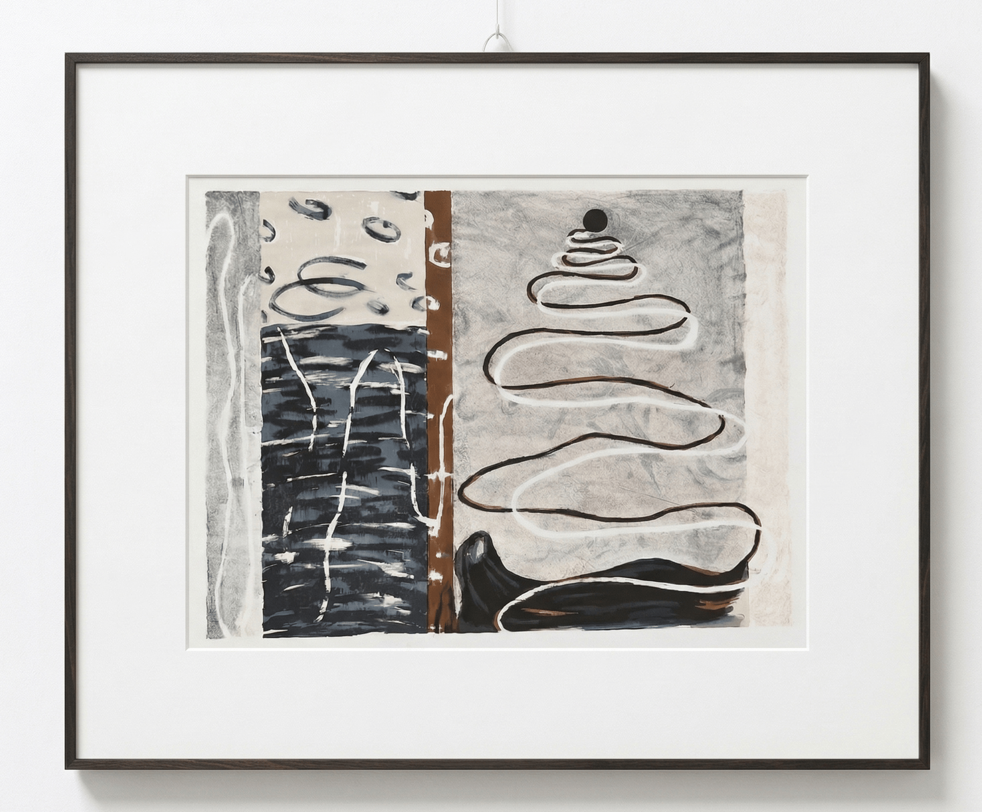 Lithograph by Coby Hurtak. Abstract print of a white spiral and rising bubbles on blue and grey.