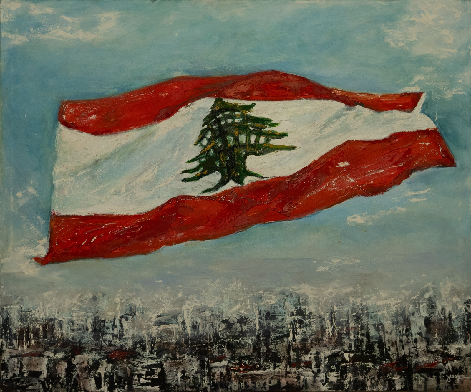 Acrylic on canvas painting of Lebanese flag flying high above the city by artist Jessy Tabet