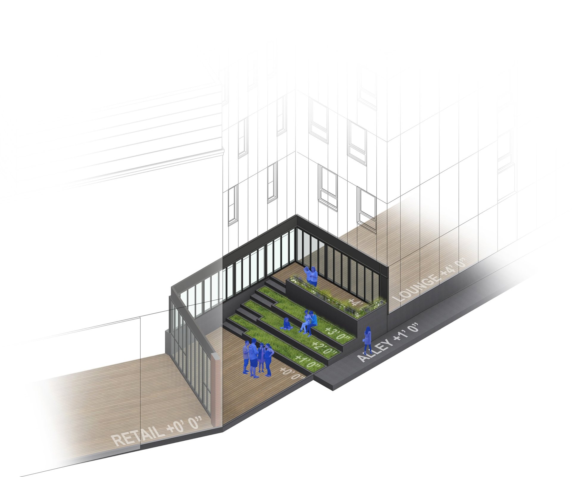 a rendered diagram of a courtyard garden space