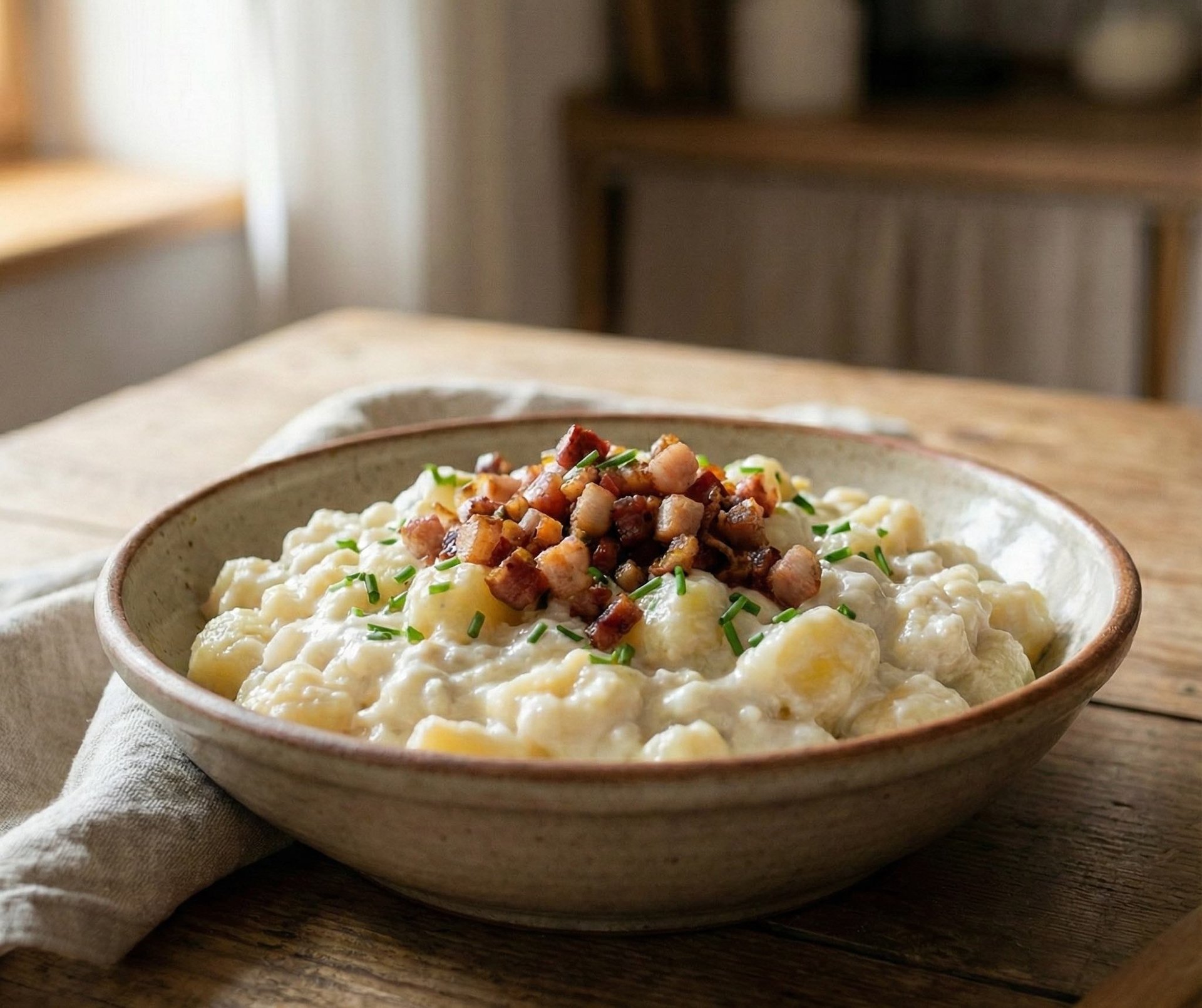Plato de bryndzové halušky eslovacos servidos en un cuenco rústico, con queso de oveja, bacon