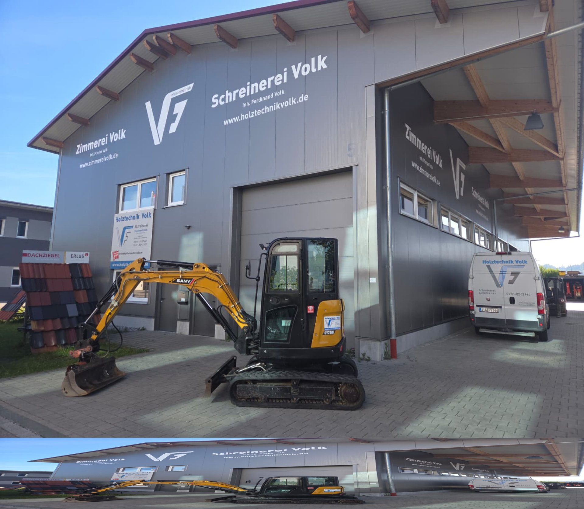 Pfalz-Hub Minibagger SANY SY26U auf dem Betriebsgelände von Holztechnik Volk vor der Werkstatt