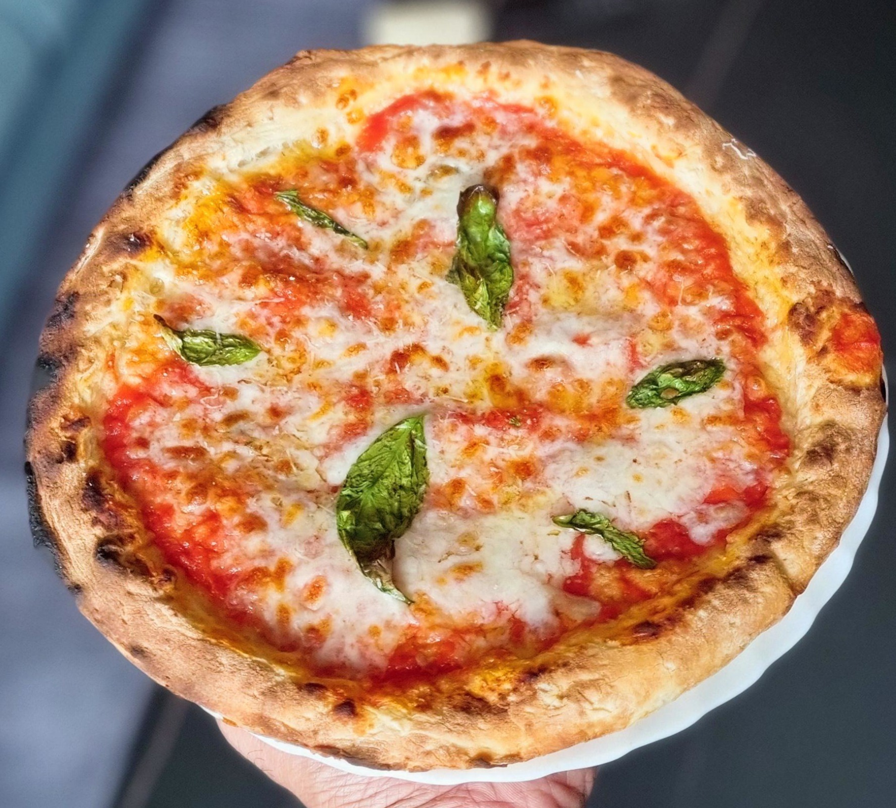 Neapolitan Margherita pizza with melted mozzarella cheese, tomato sauce, and fresh basil on a charred crust.
