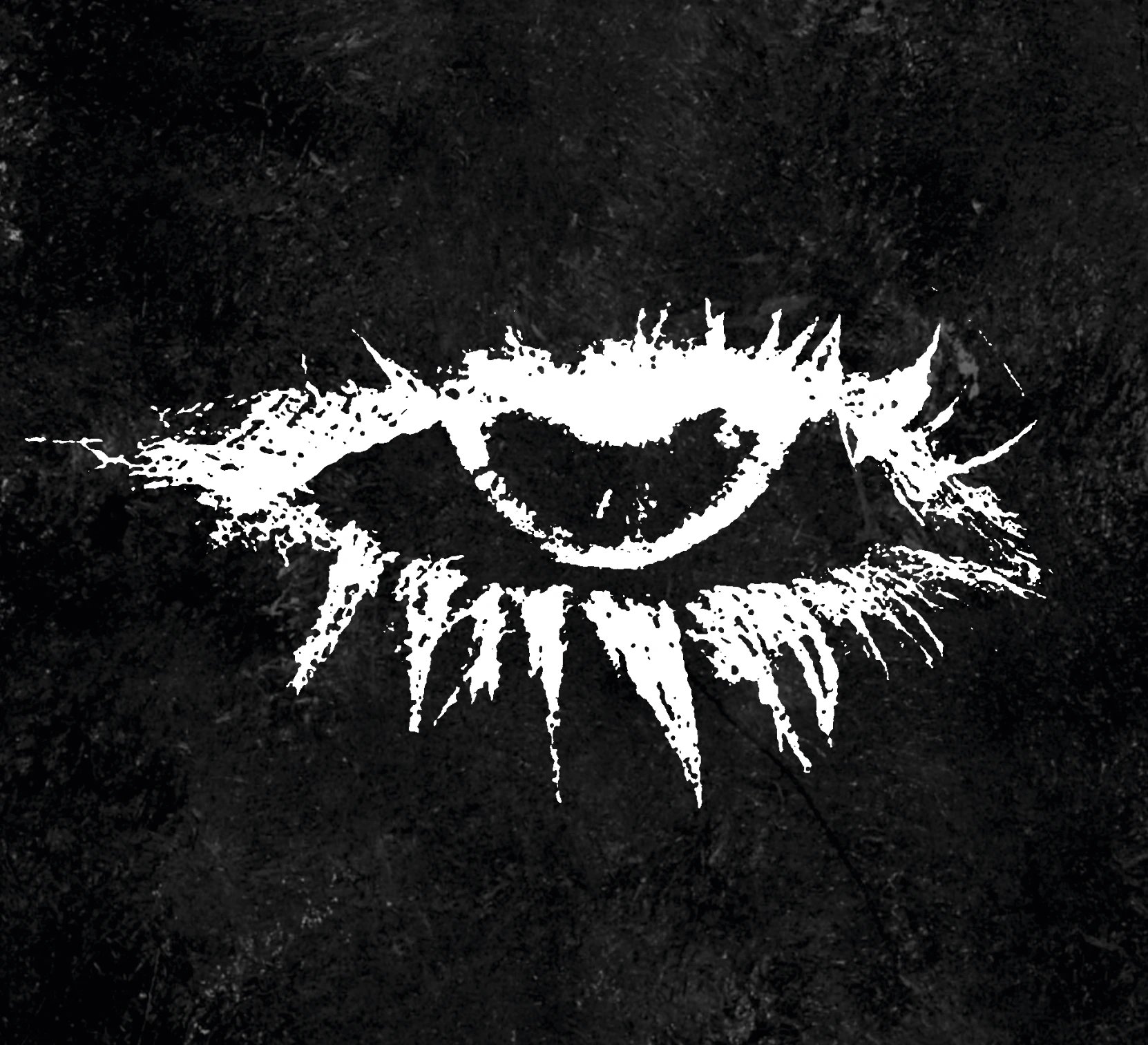 Grungy white charcoal drawing of a human eye on a dark textured black background.