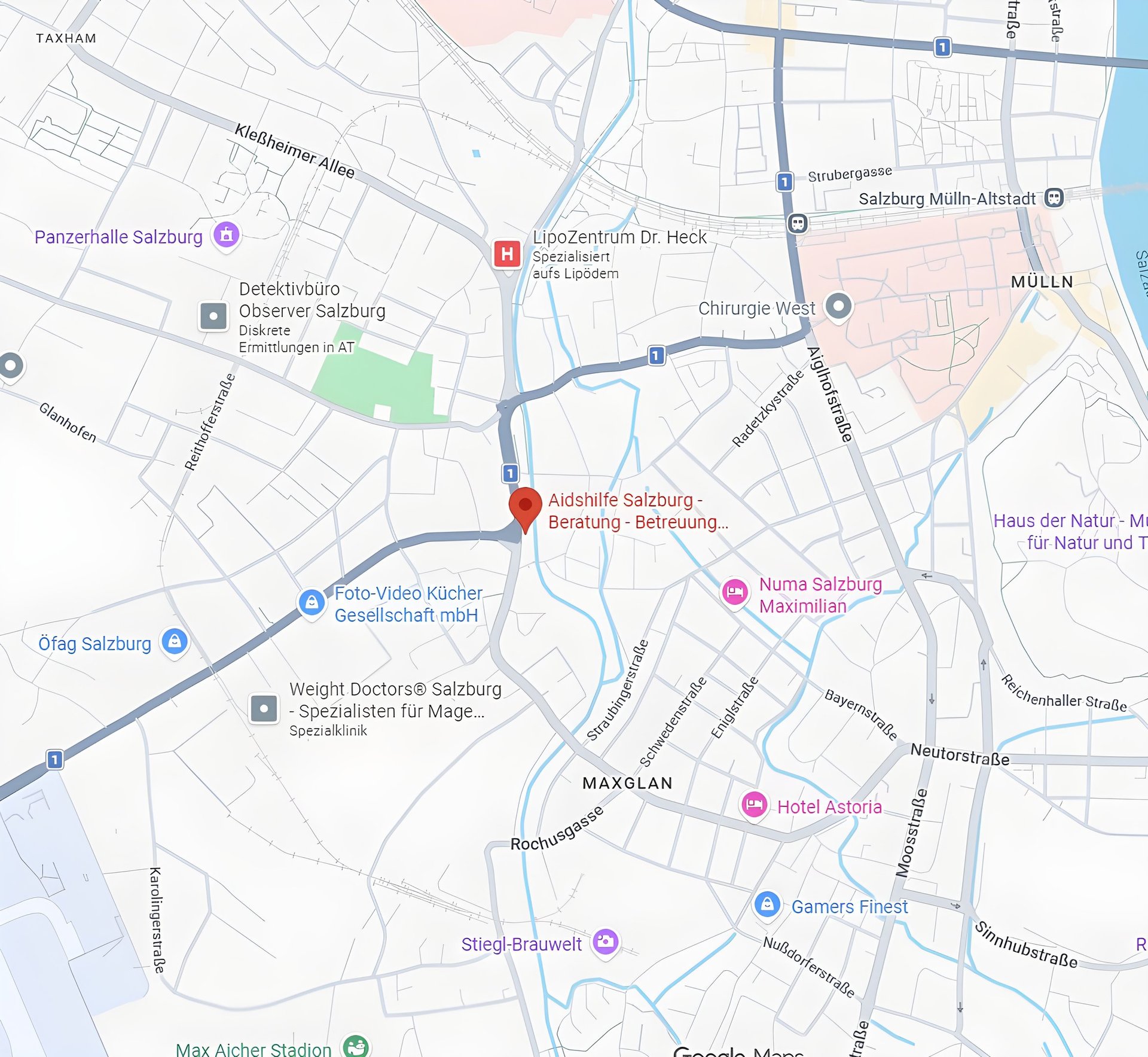 Ausschnitt von Google Maps vom Standort der Aidshilfe Salzburg