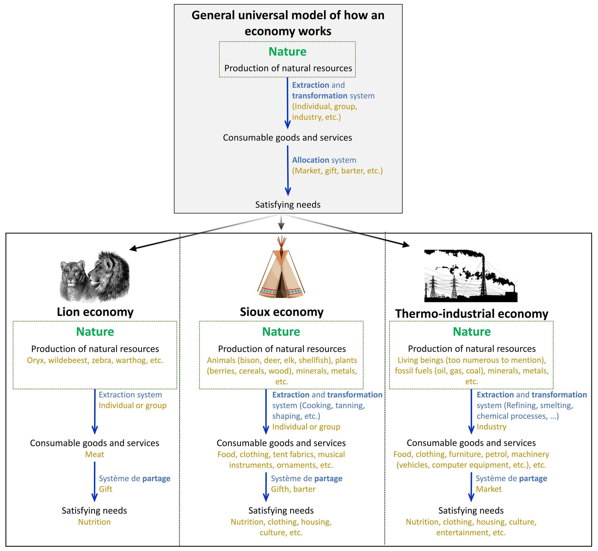 Diagram presenting the universal definition of the economy and illustrating it with three examples