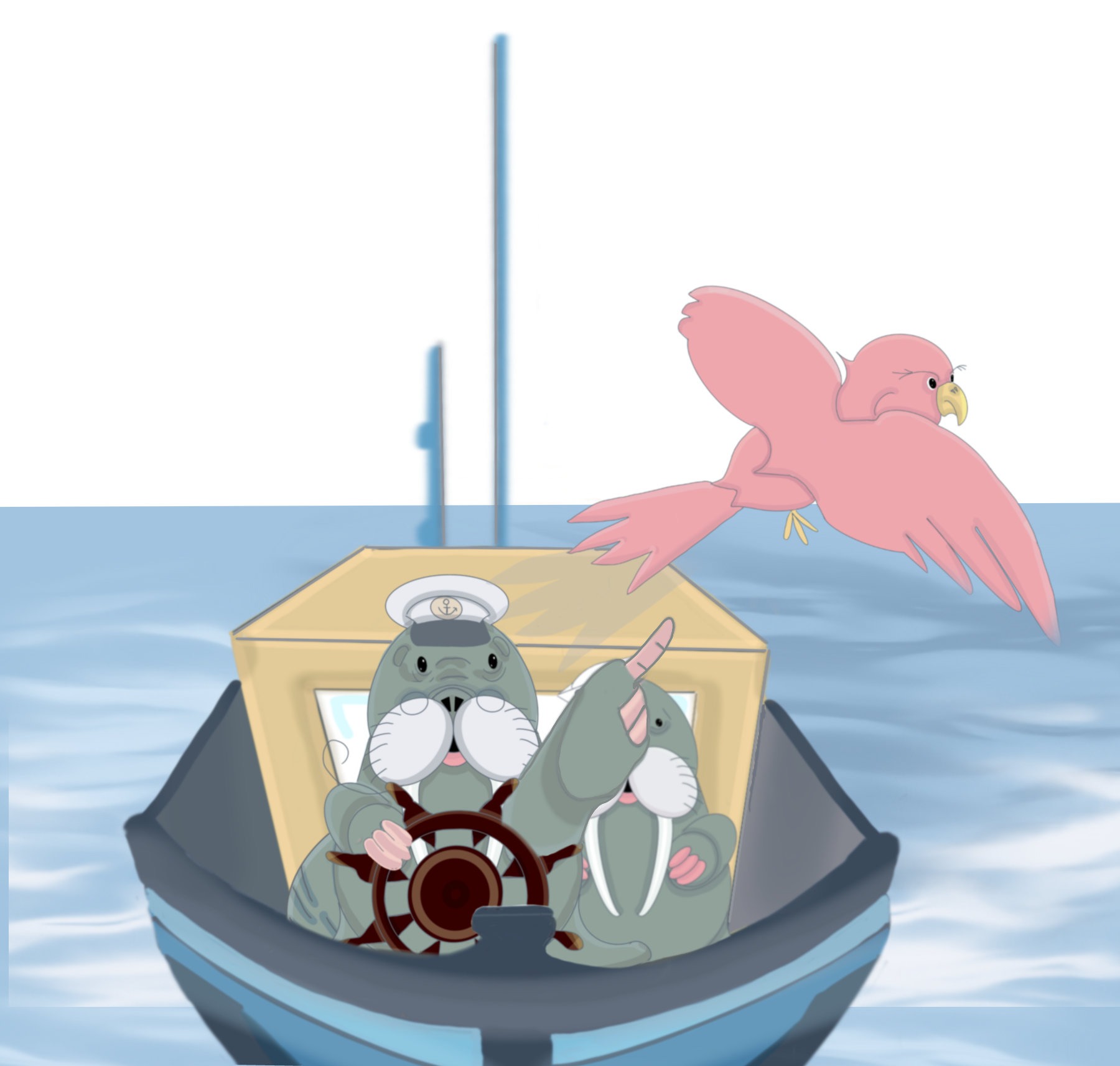 Captain walrus pointing to a bird