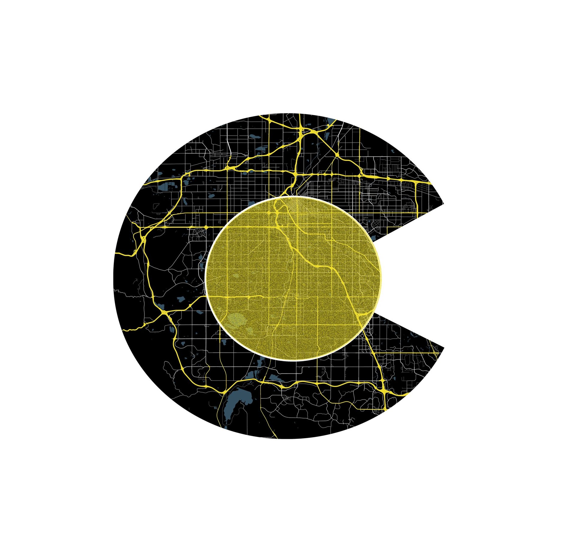 Minimalist Colorado state flag map graphic featuring a yellow and black Denver city street grid layout.