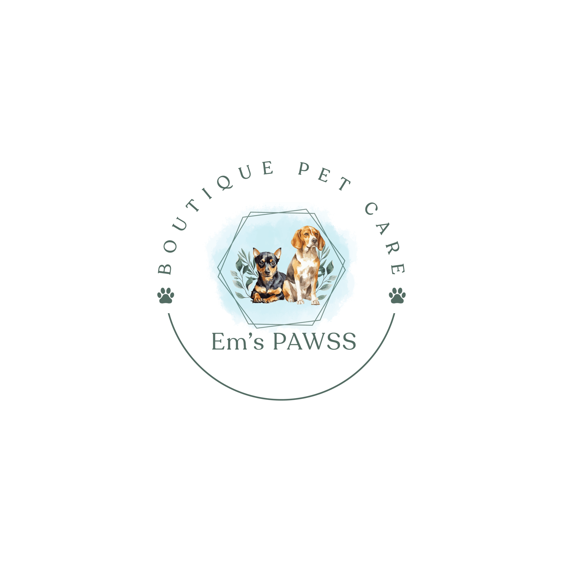 Boutique pet care logo for Em's PAWSS featuring a watercolor illustration of a beagle and a small black dog.