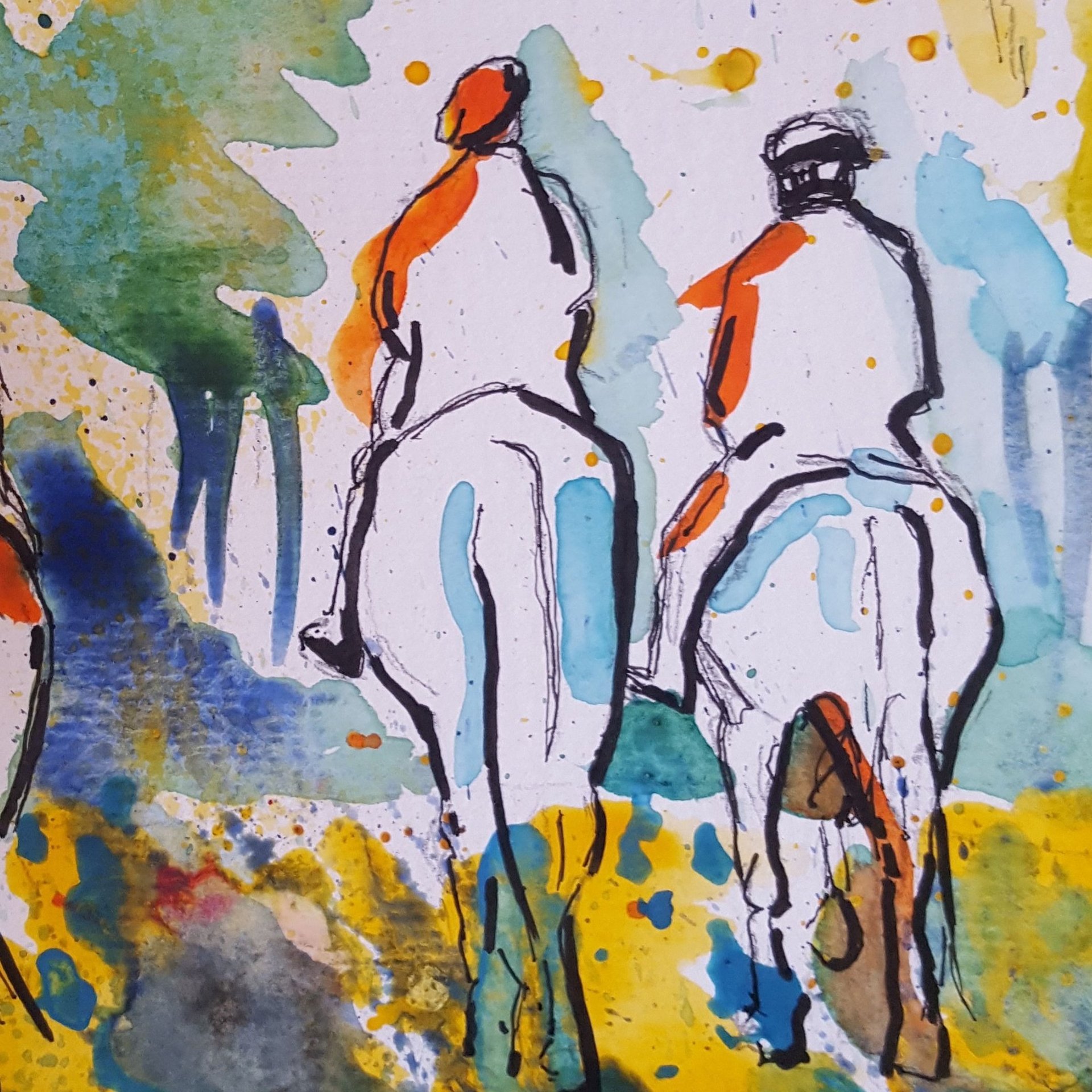 My mixed media painting of a group of people riding horses