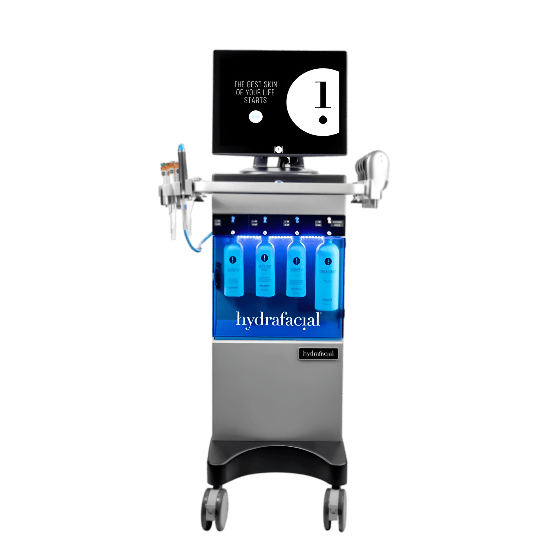 Appareil HydraFacial MD Elite avec bouteilles de solutions et écran de contrôle, utilisé pour les so