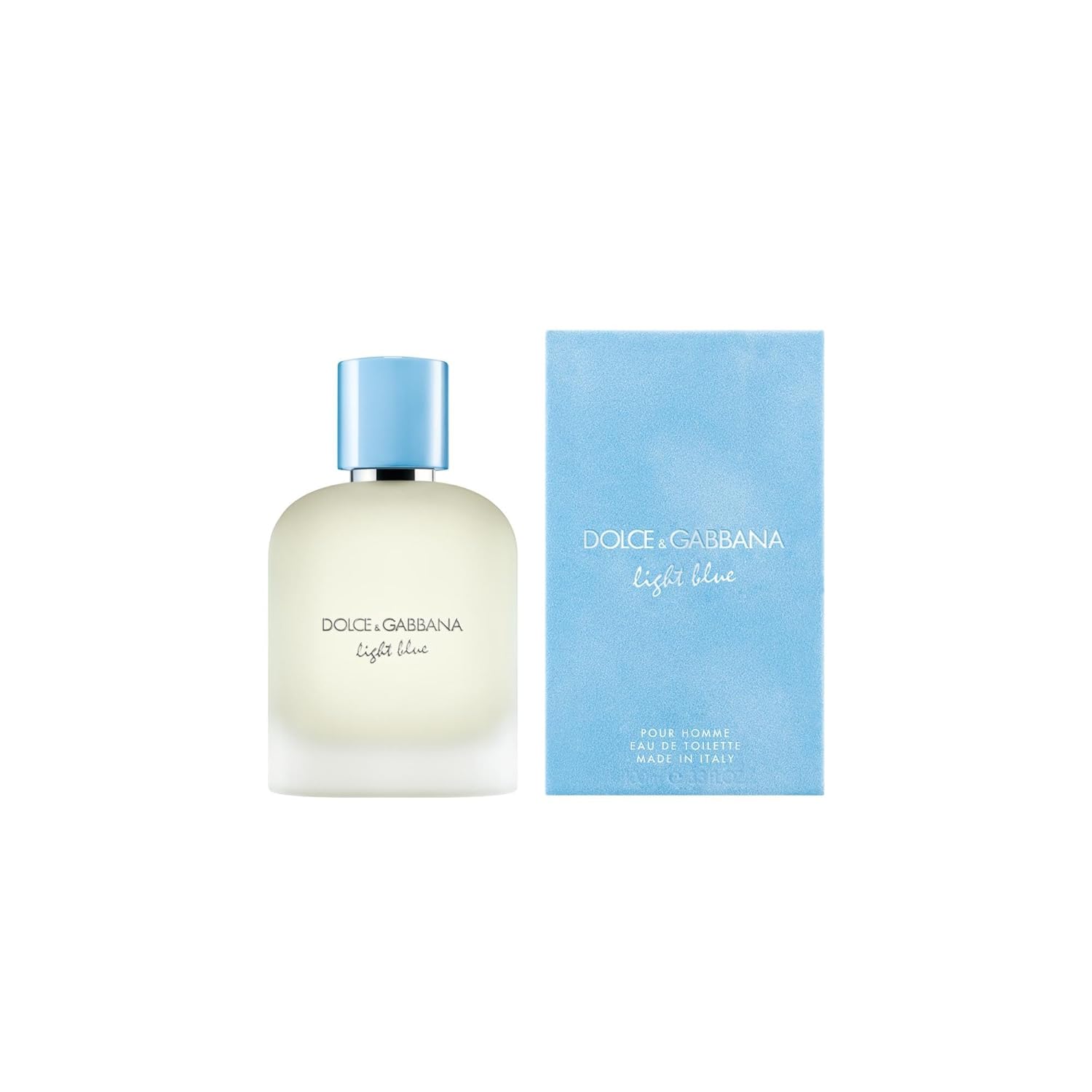 Dolce & Gabbana Light Blue Pour Homme Eau de Toilette fragrance bottle and light blue box.