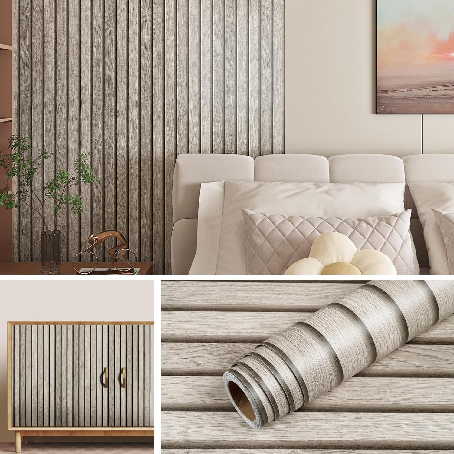 Pokój w którym ukazano różne sposoby wykorzystania tapet, standardowo do wykończenia ścian i frontu mebla wolno stojącego 