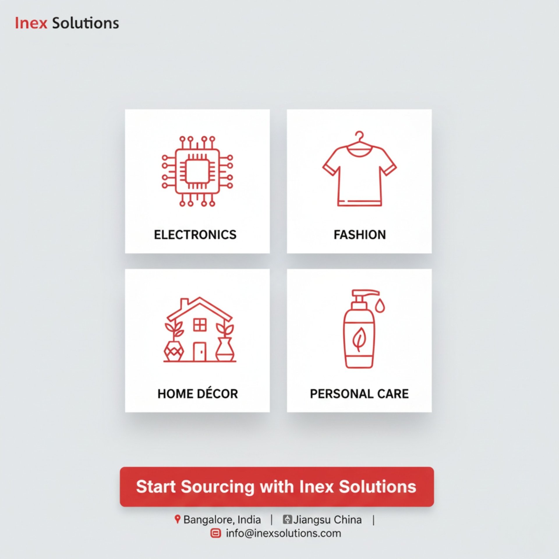 Graphic showcasing Inex Solutions global sourcing services for electronics, apparel, home décor, and personal care products.