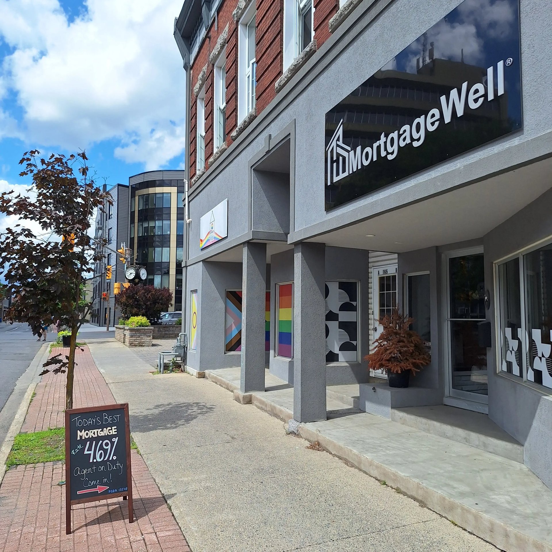 Street view of MortgageWell building in Cornwall with a sign reading 'Today’s Best Mortgage Rate"